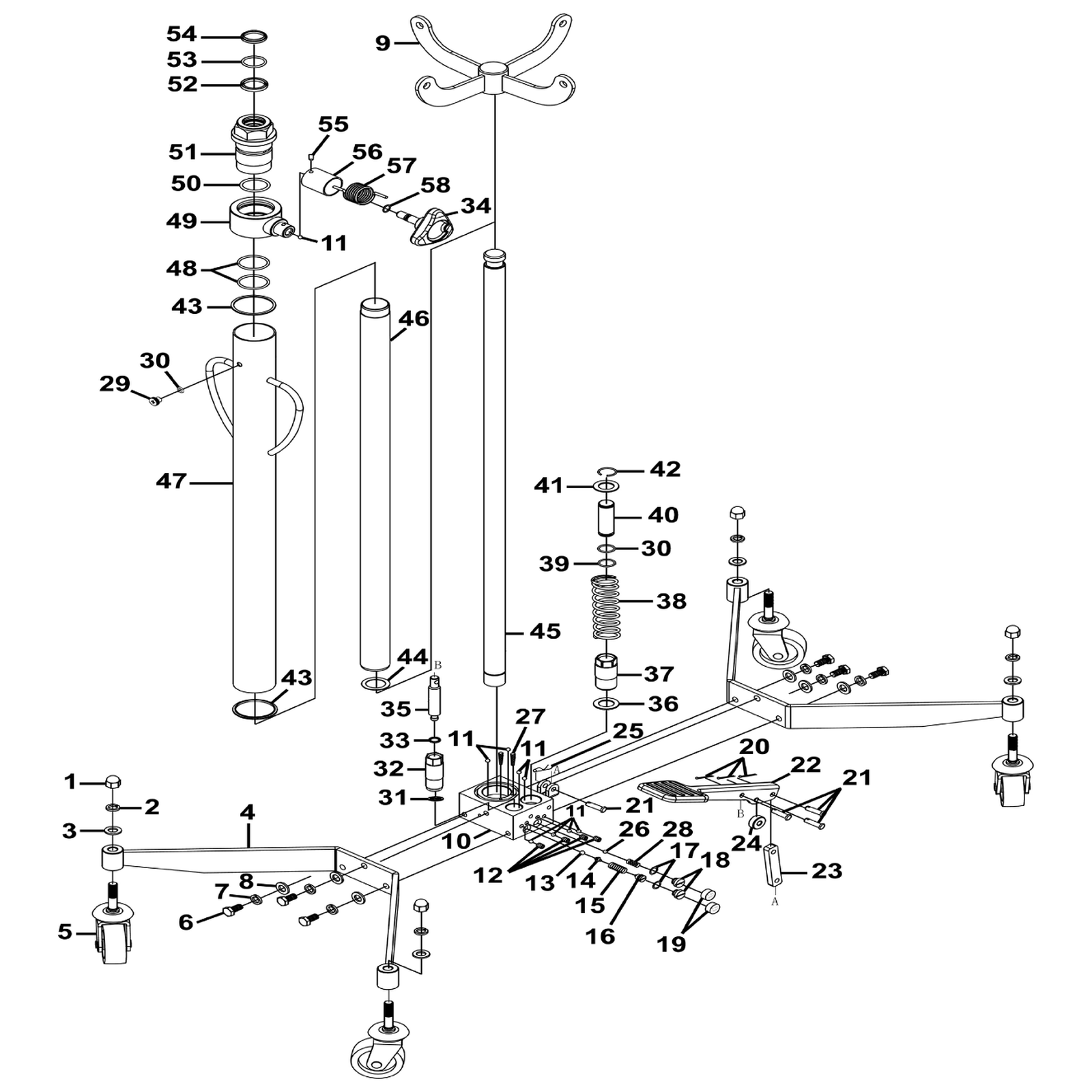 Exploded diagram for the Sealey Vertical Transmission Jack 300kg