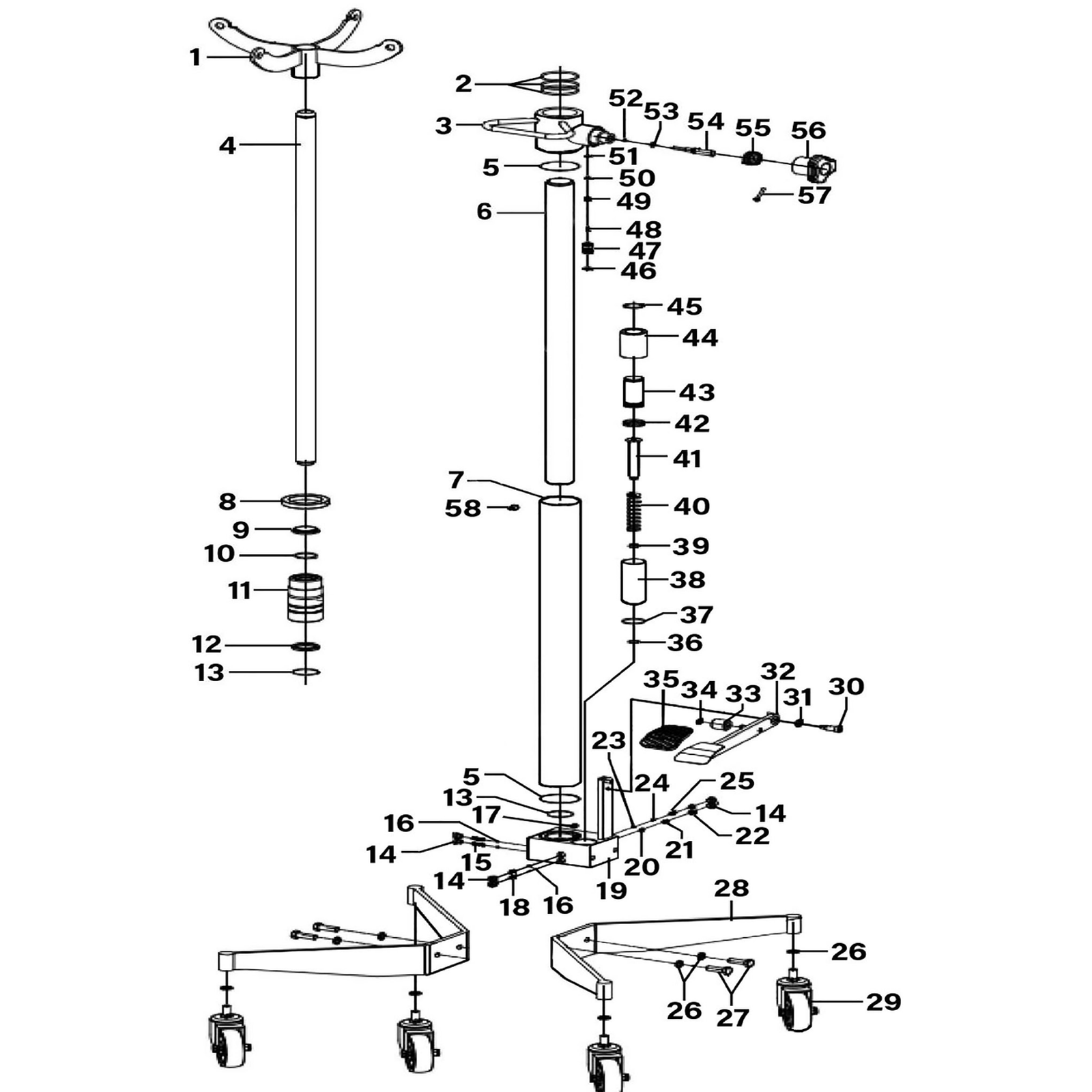 Exploded diagram for the Sealey Premier Vertical Quick Lift Transmission Jack 300kg