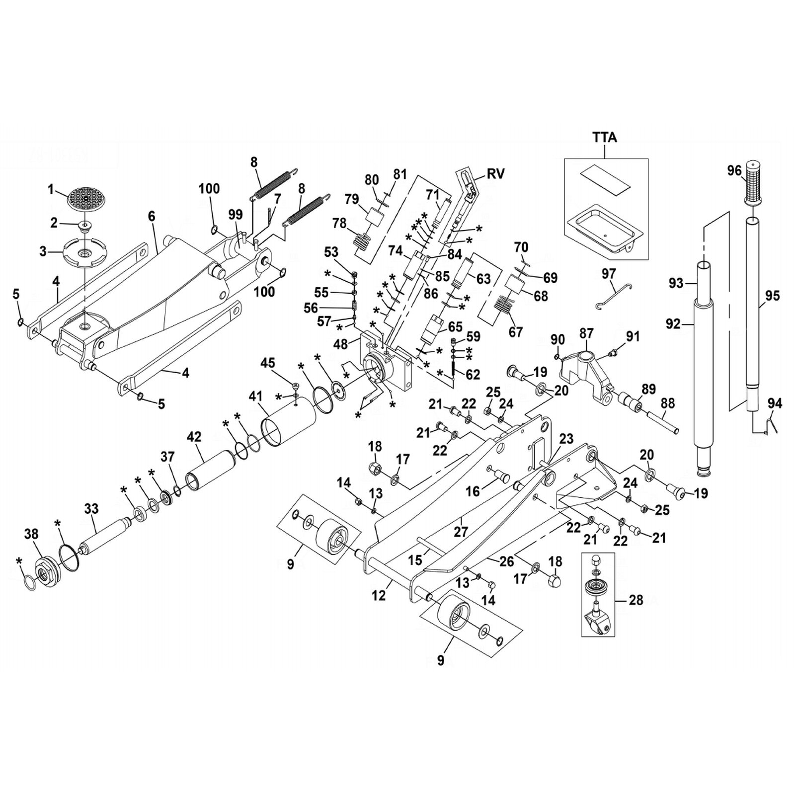 Exploded diagram for the Sealey Premier Low Profile Trolley Jack with Rocket Lift 3 Tonne - Black