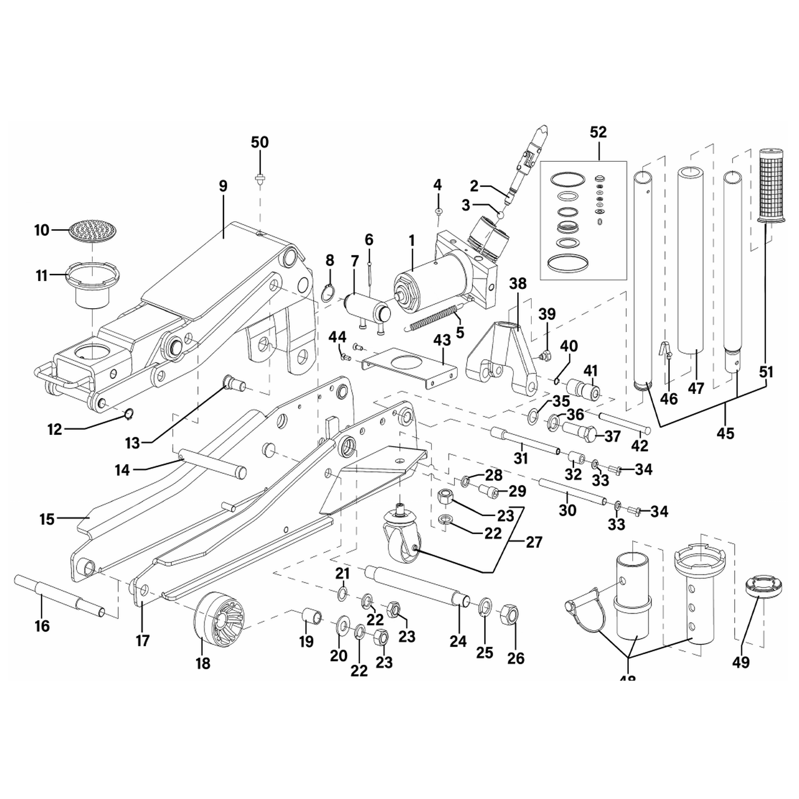 Exploded diagram for the Sealey Low Profile 2 Tonne High Lift 3 Tonne Trolley Jack with Rocket Lift (3200LEHL)