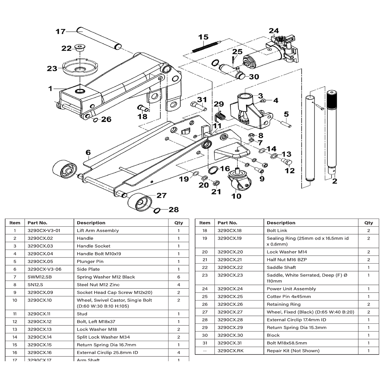 Exploded diagram for the Sealey Roadmaster® Trolley Jack 3 Tonne (3290CX)