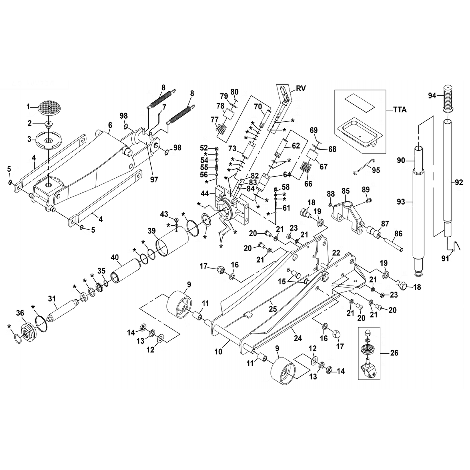 Exploded diagram for the Sealey Premier Low Profile Trolley Jack with Rocket Lift 4 Tonne - Black (4040A)