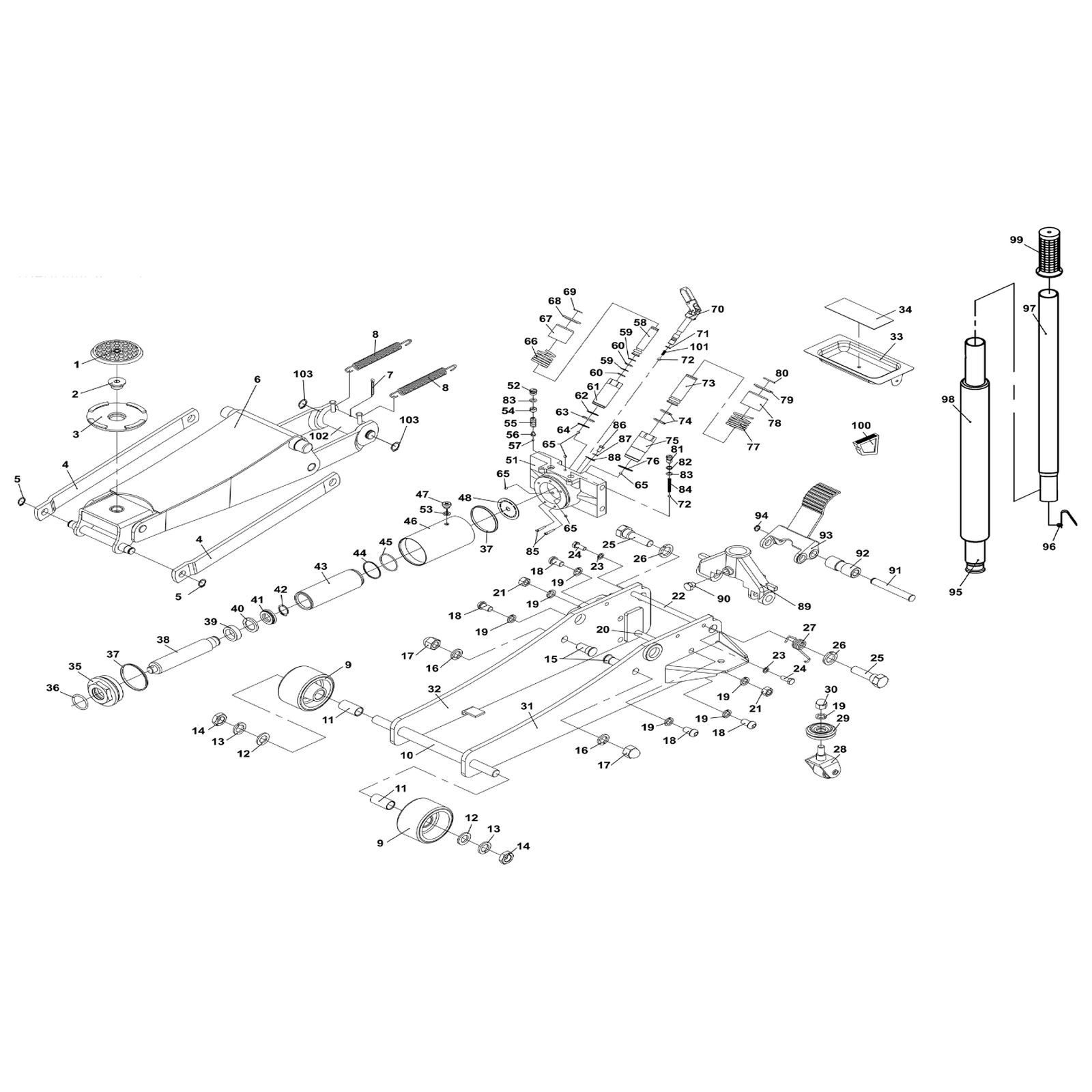 Exploded diagram for the Viking Low Profile Professional Trolley Jack with Rocket Lift 4 Tonne (4040TB)