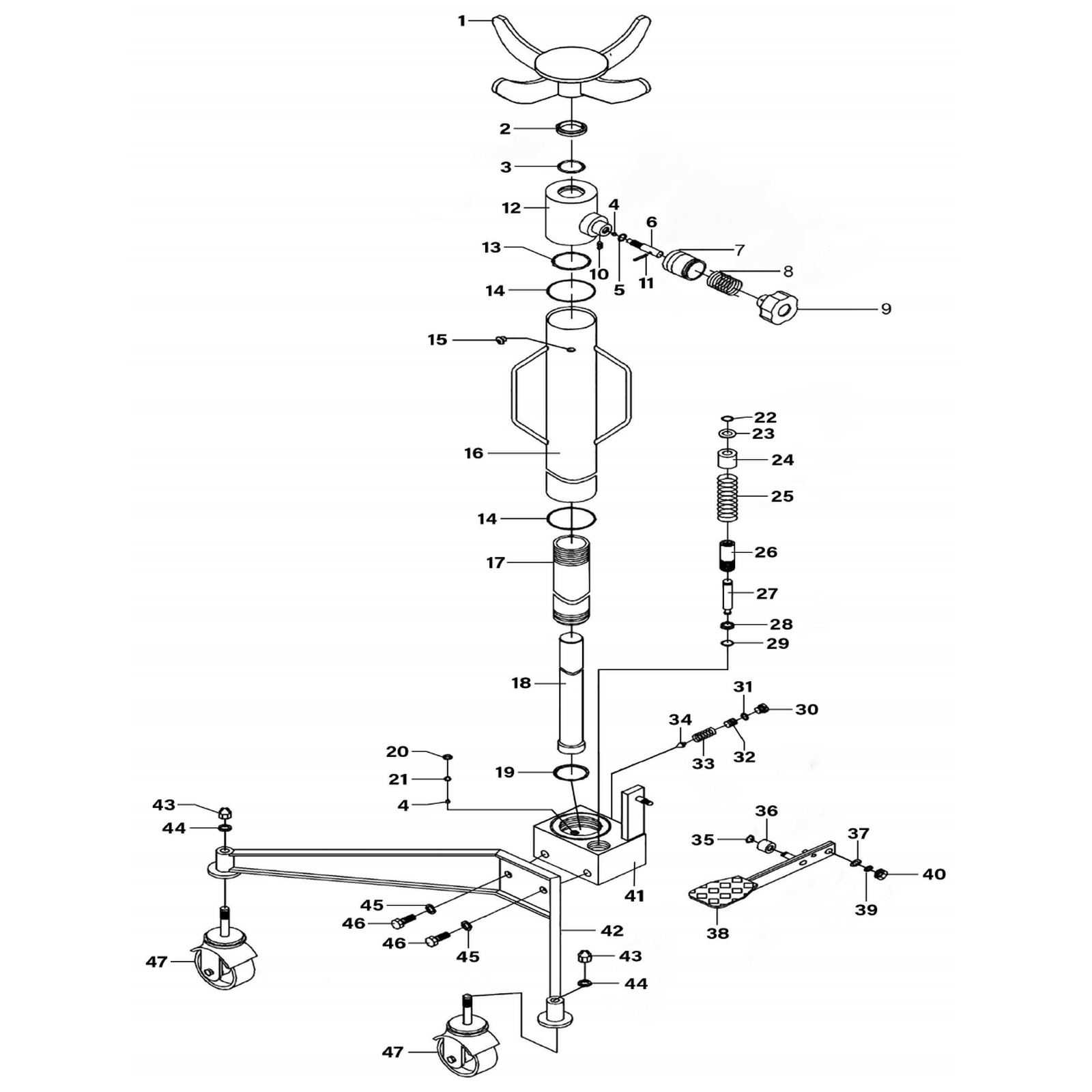 Exploded diagram for the Sealey Vertical Transmission Jack 500kg (500ETJ)