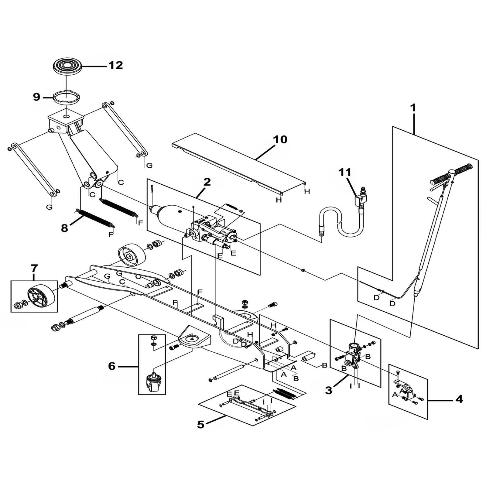 Exploded diagram for the Sealey Viking Professional Long Reach Air/Manual Operation Trolley Jack with Rocket Lift 6 Tonne