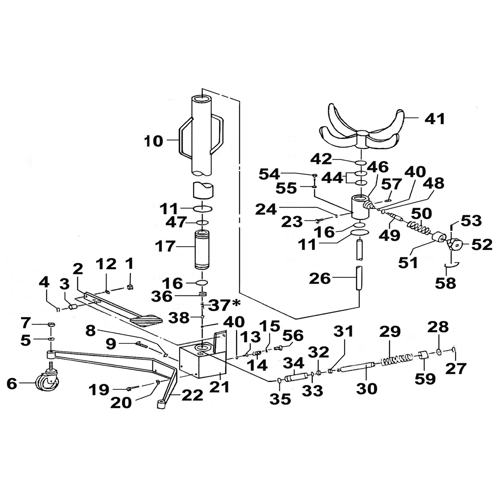 Exploded diagram for the Sealey Vertical Transmission Jack 600kg (600TR)