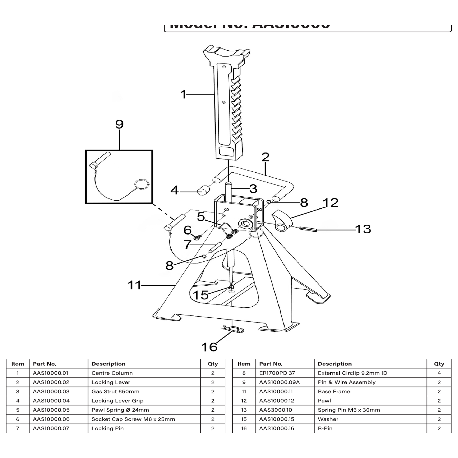 Exploded diagram for the Sealey Auto Rise Ratchet Axle Stands (Pair) 10 Tonne Capacity per Stand (AAS10000)