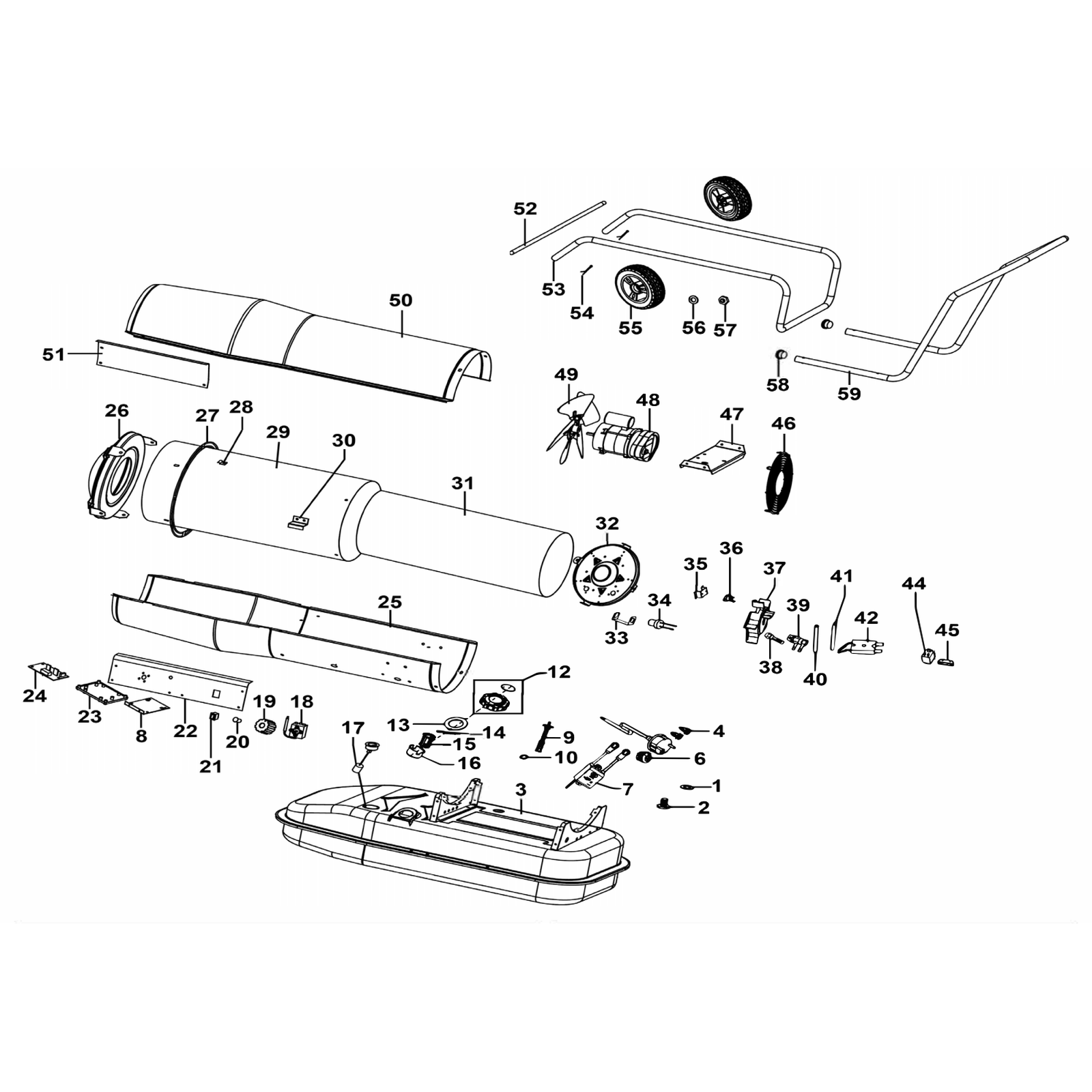 Exploded diagram for the Sealey Space Warmer® Kerosene/Diesel Heater with Wheels 205,000Btu/hr (AB2050)