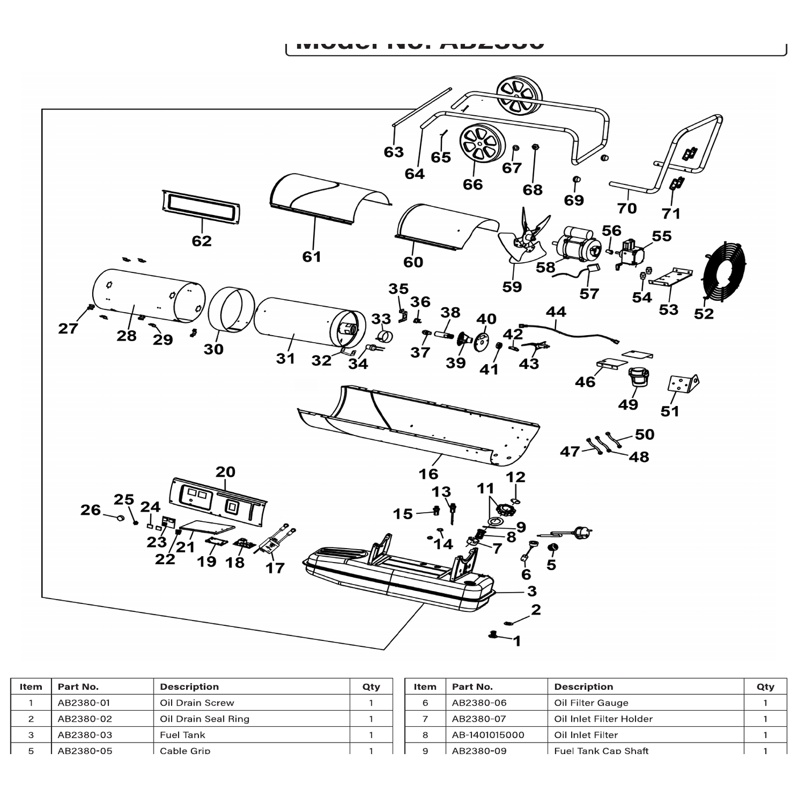 Exploded diagram for the Sealey Space Warmer® Kerosene/Diesel Heater with Wheels 240,000Btu/hr (AB2380)