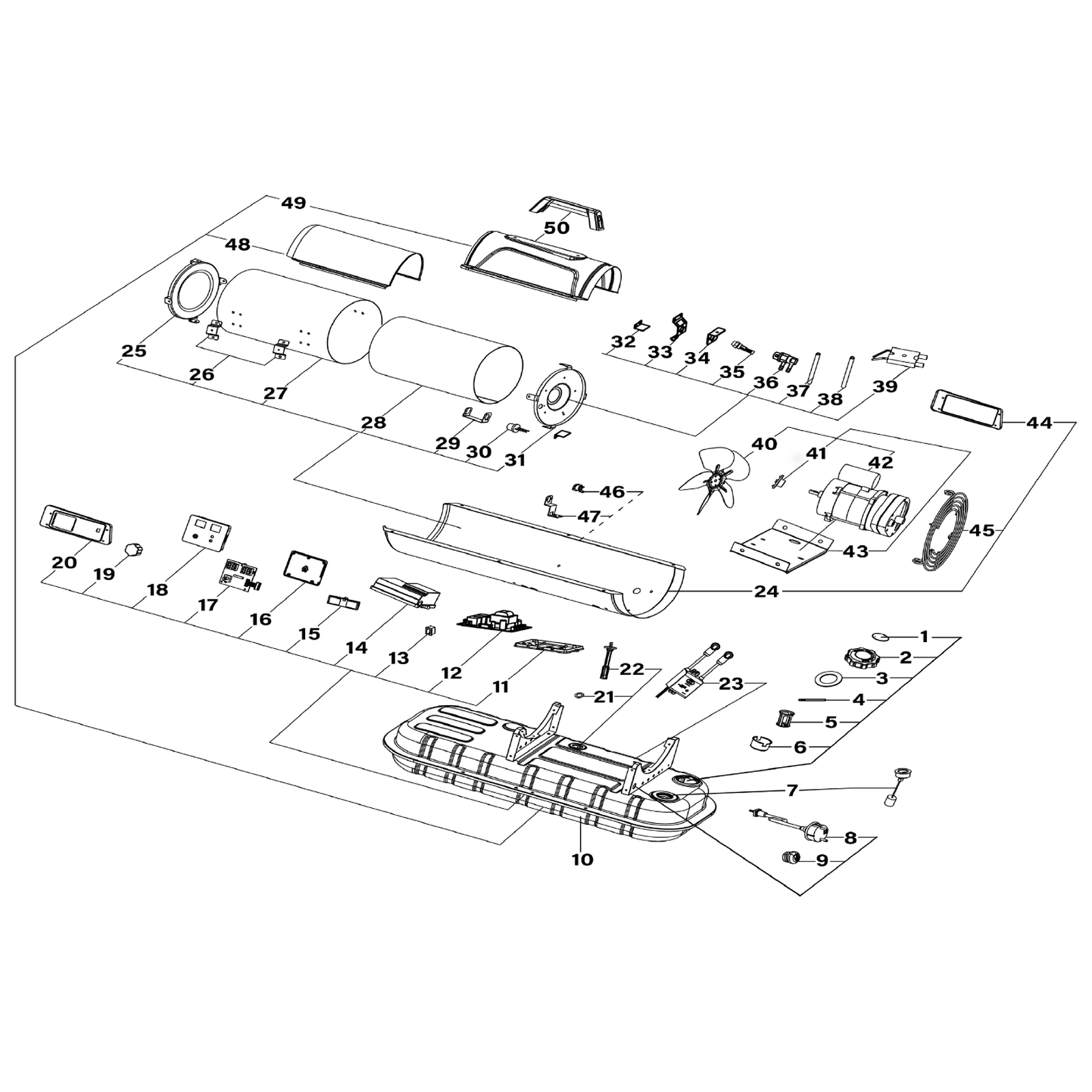 Exploded diagram for the Sealey Space Warmer® Kerosene/Diesel Heater without Wheels 35,000Btu/hr