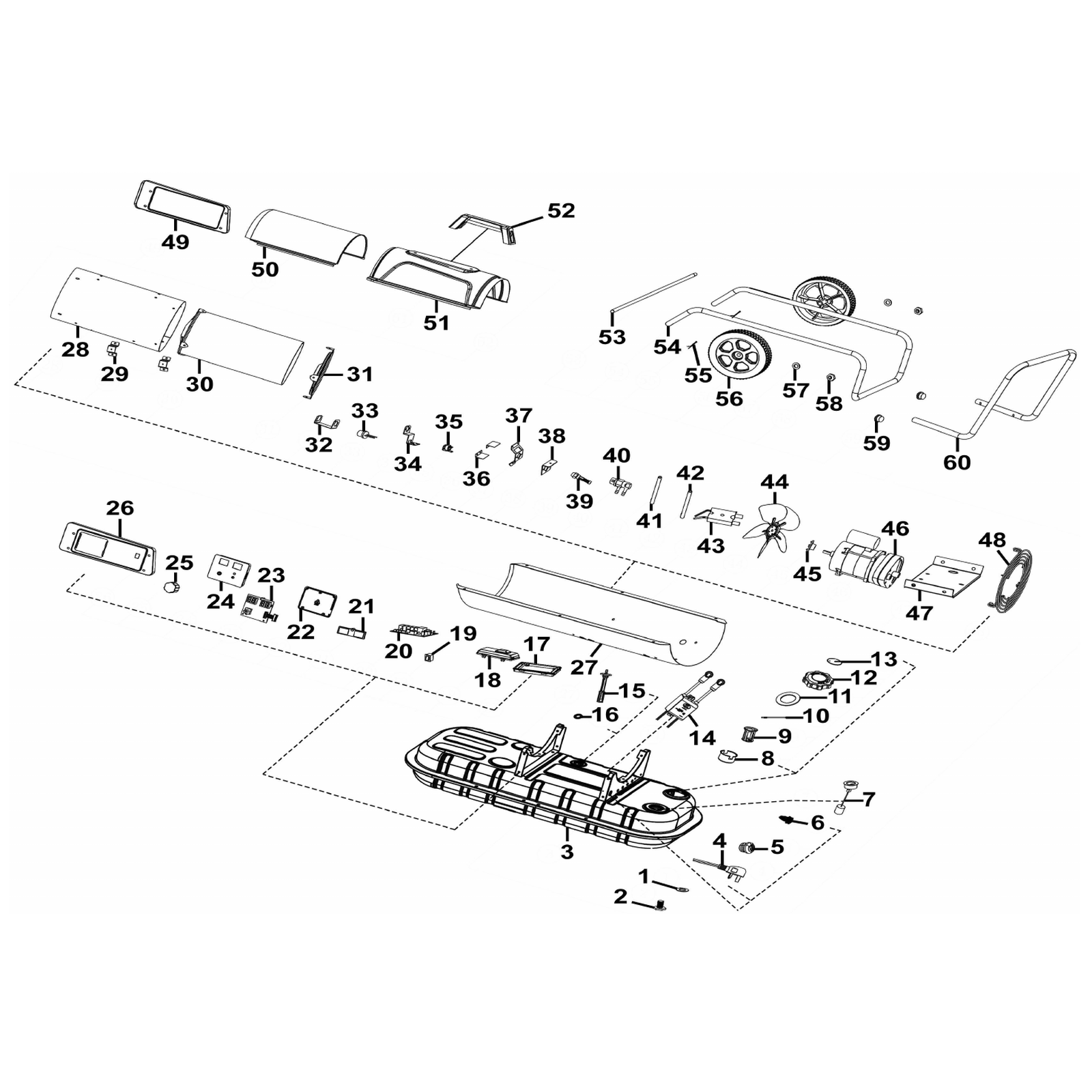 Exploded diagram for the Sealey Dual Voltage Kerosene/Diesel Space Warmer® Heater with Wheels 50,000Btu/hr