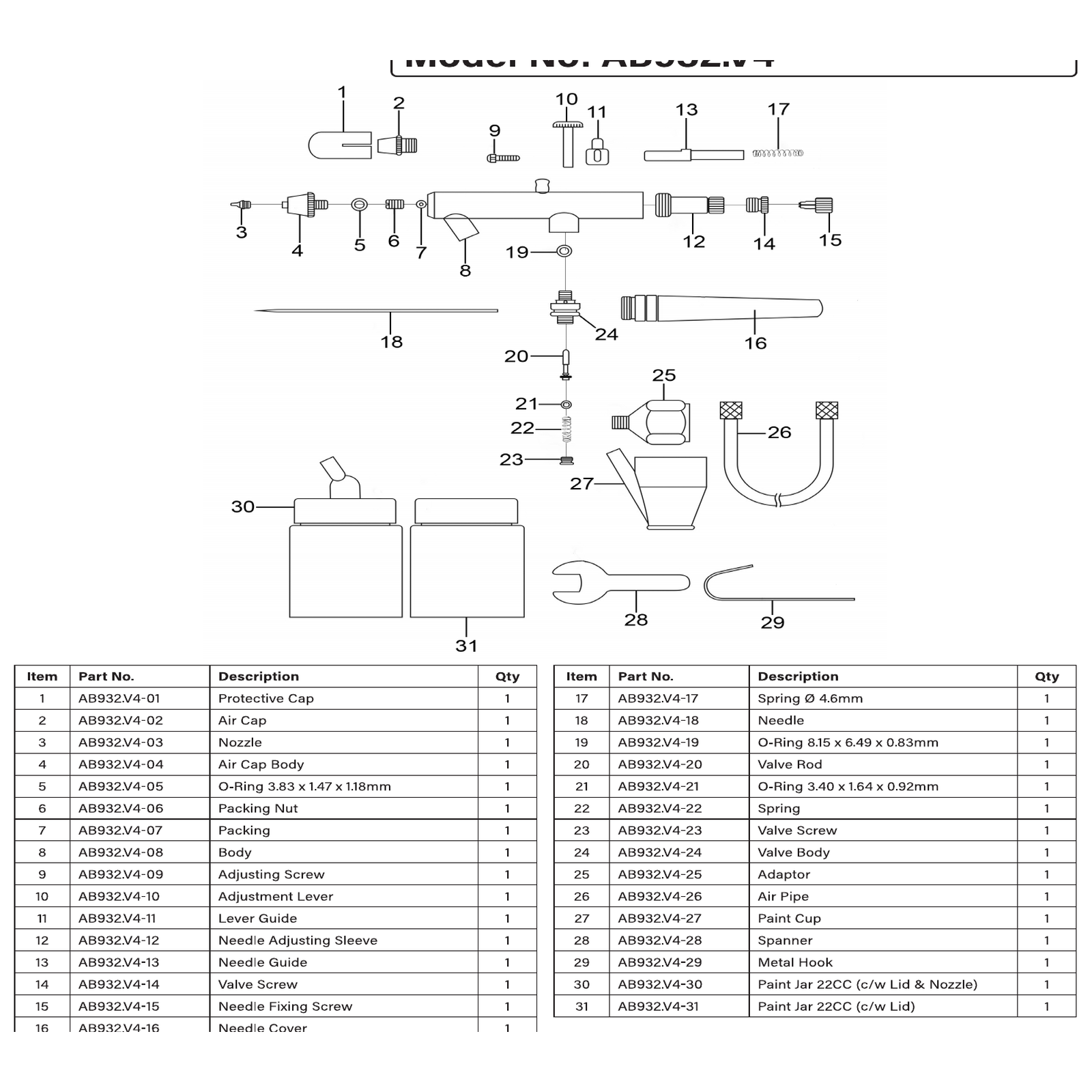 Exploded diagram for the Sealey Air Brush Kit (AB932)