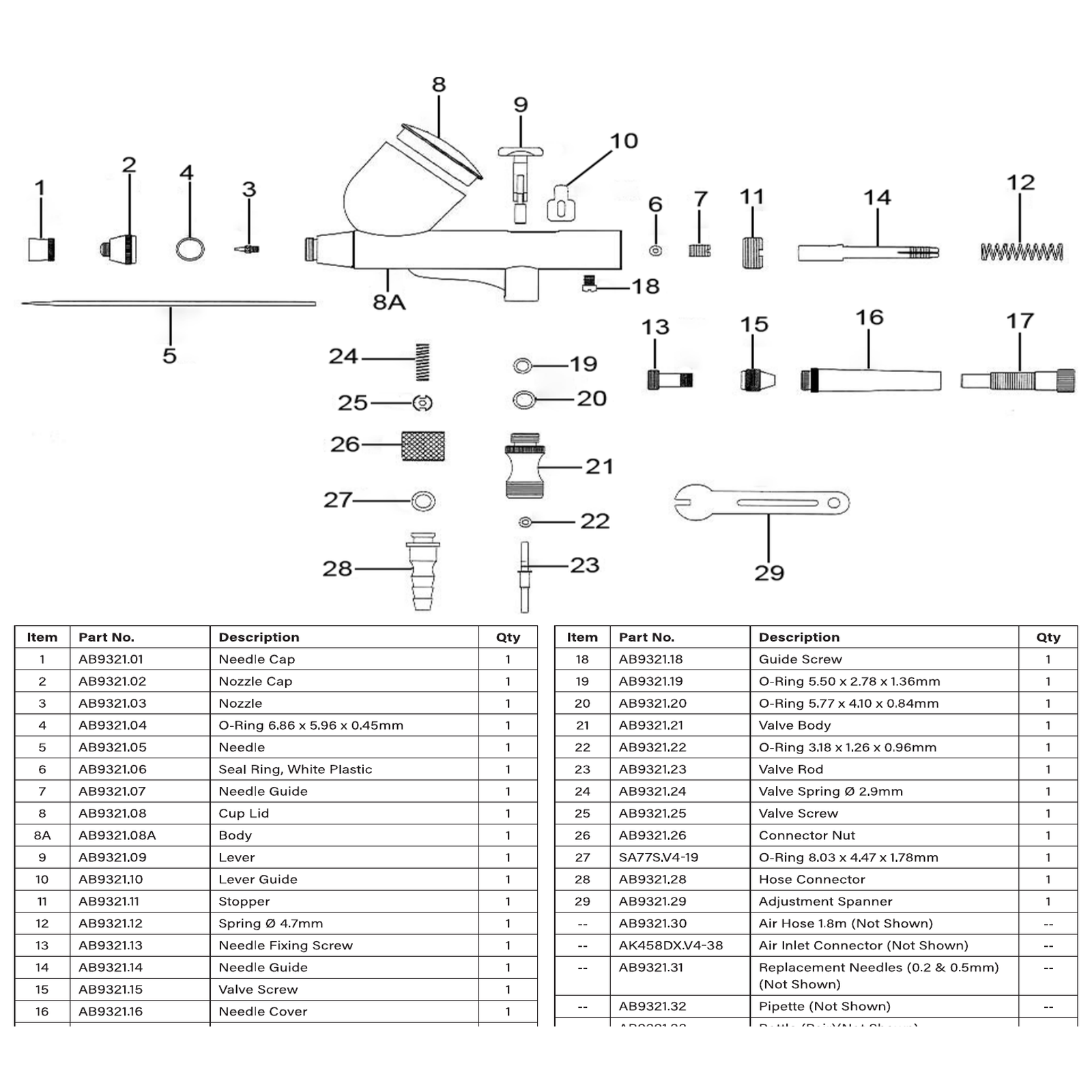 Exploded diagram for the Sealey Gravity Feed Air Brush Kit (AB9321)