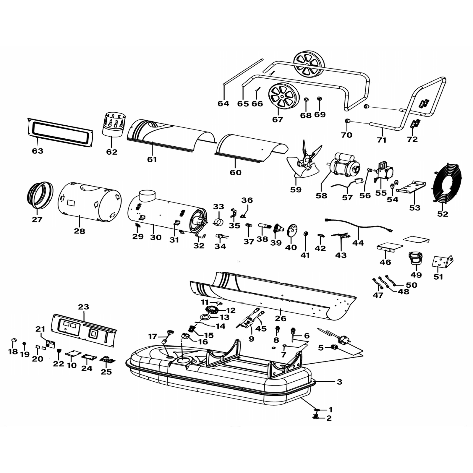 Exploded diagram for the Sealey Space Warmer® Indirect Kerosene/Diesel Heater with Wheels 102,000Btu/hr (ABI1000)