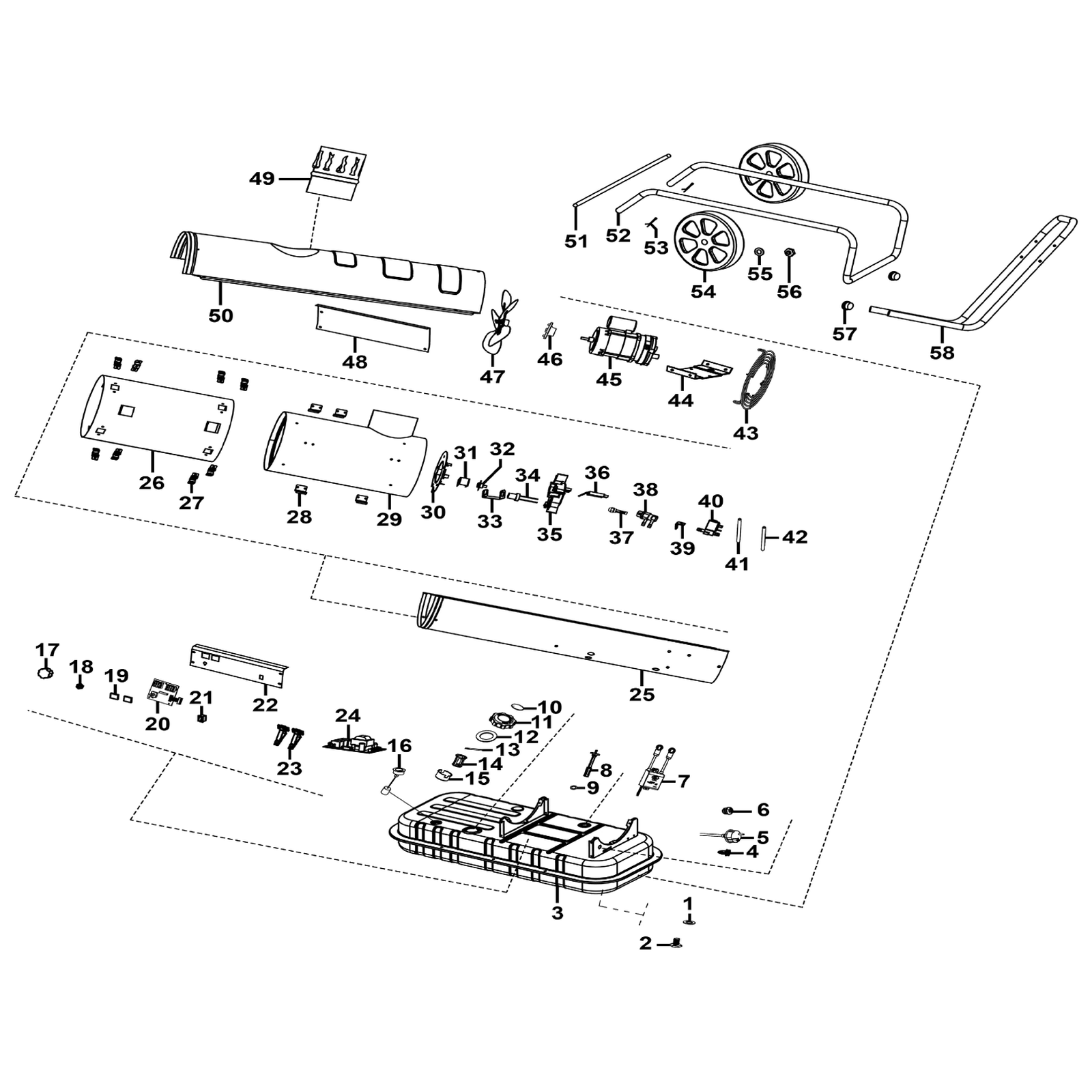 Exploded diagram for the Sealey Space Warmer® Indirect Kerosene/Diesel Heater with Wheels 68,000Btu/hr (ABI600)