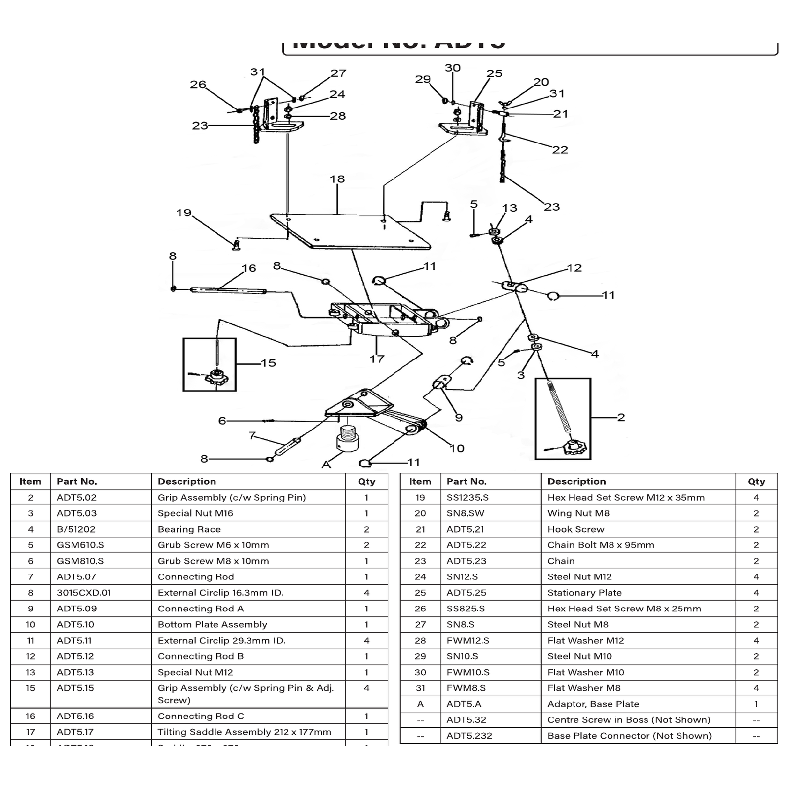 Exploded diagram for the Sealey Adjustable Gearbox Support 1000kg Capacity (ADT5)