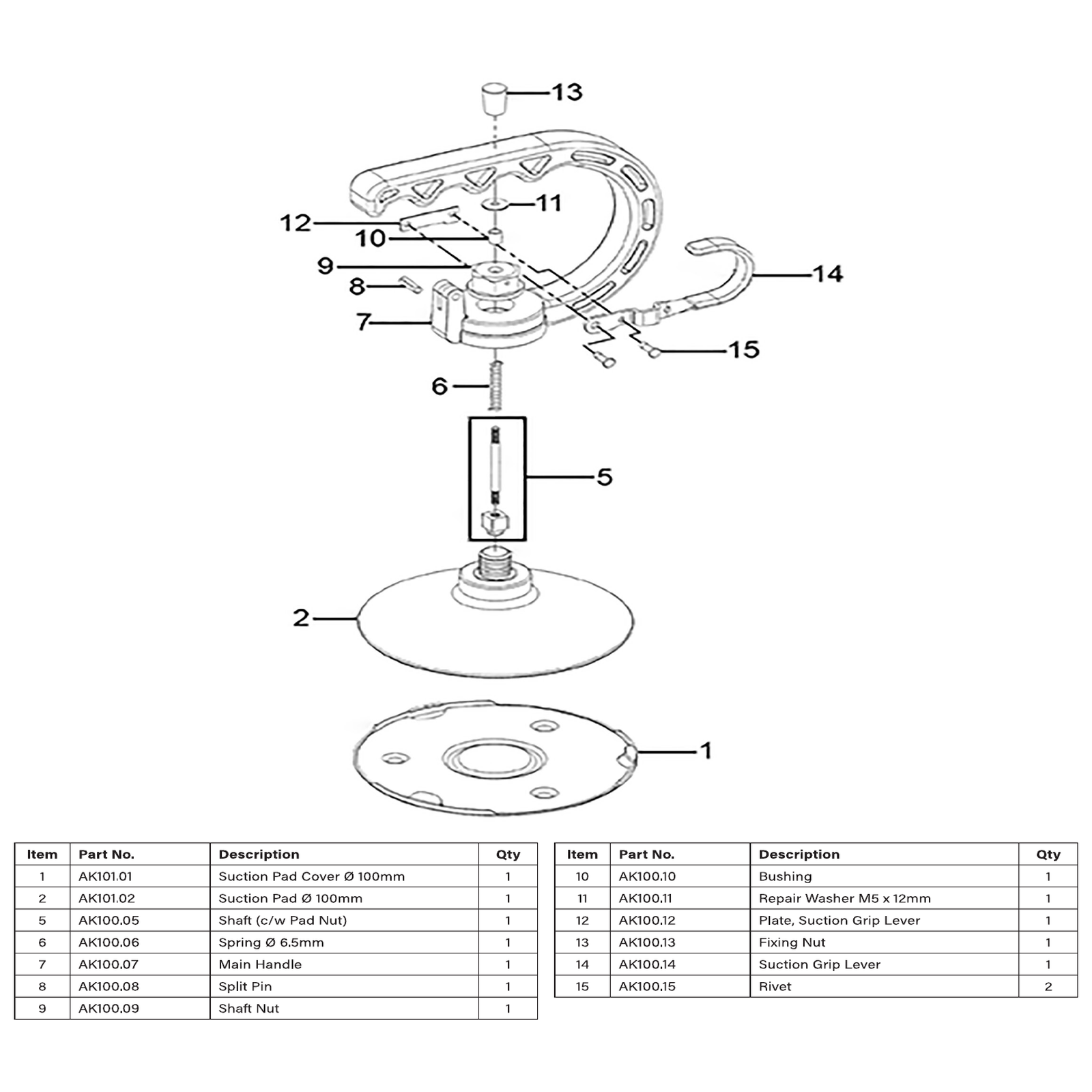 Exploded diagram for the Sealey Professional Dent Puller 100mm (AK100)