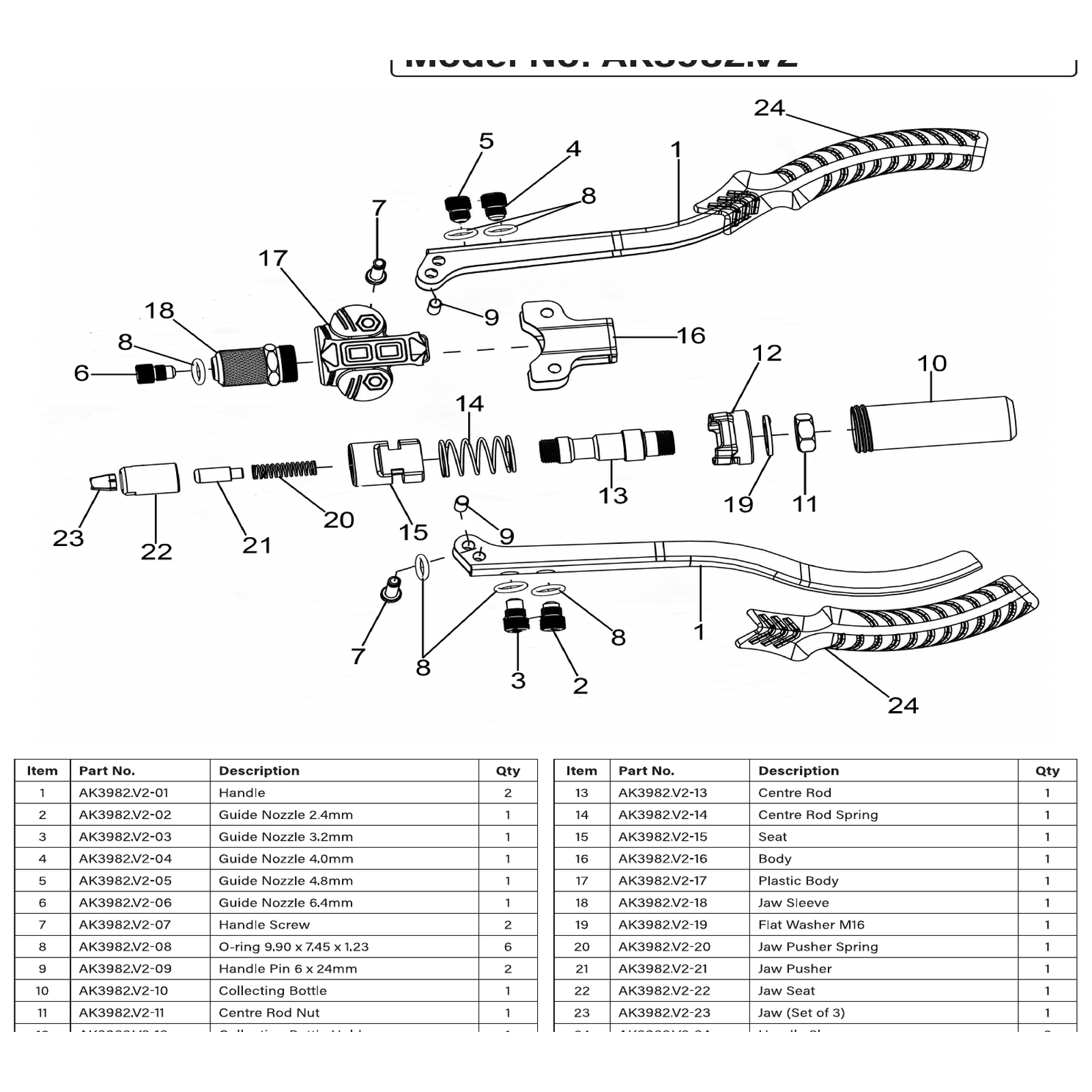 Exploded diagram for the Sealey Heavy-Duty Compact Riveter with Collection Bowl (AK3982)