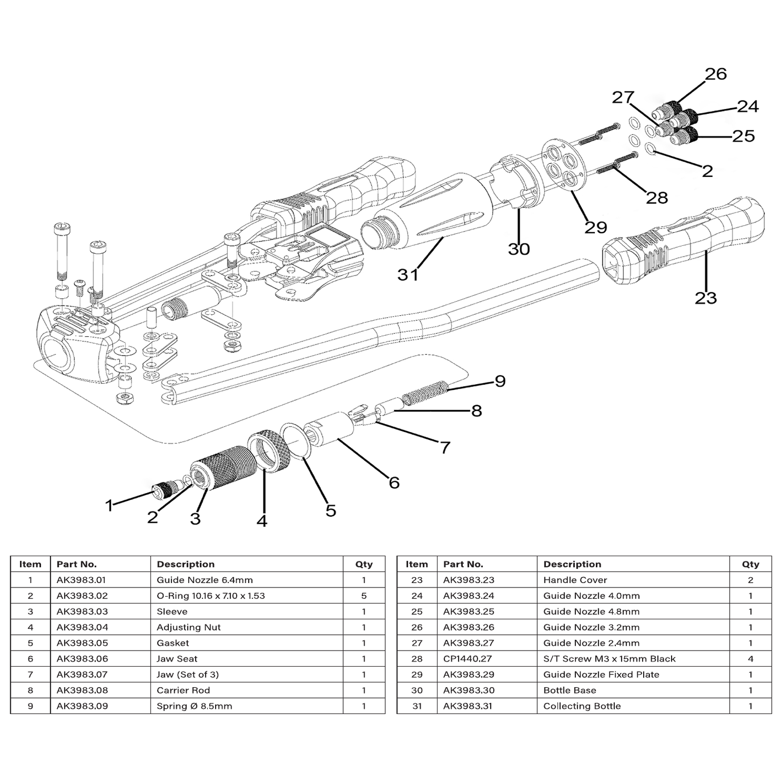 Exploded diagram for the Sealey Medium-Arm Riveter with Collection Bowl (AK3983)