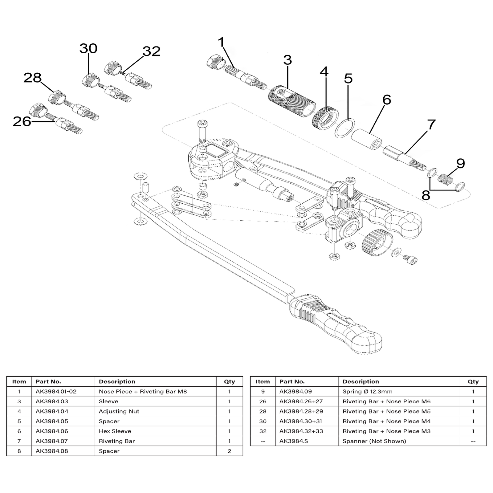 Exploded diagram for the Sealey Short-Arm Threaded Nut Riveter (AK3984)