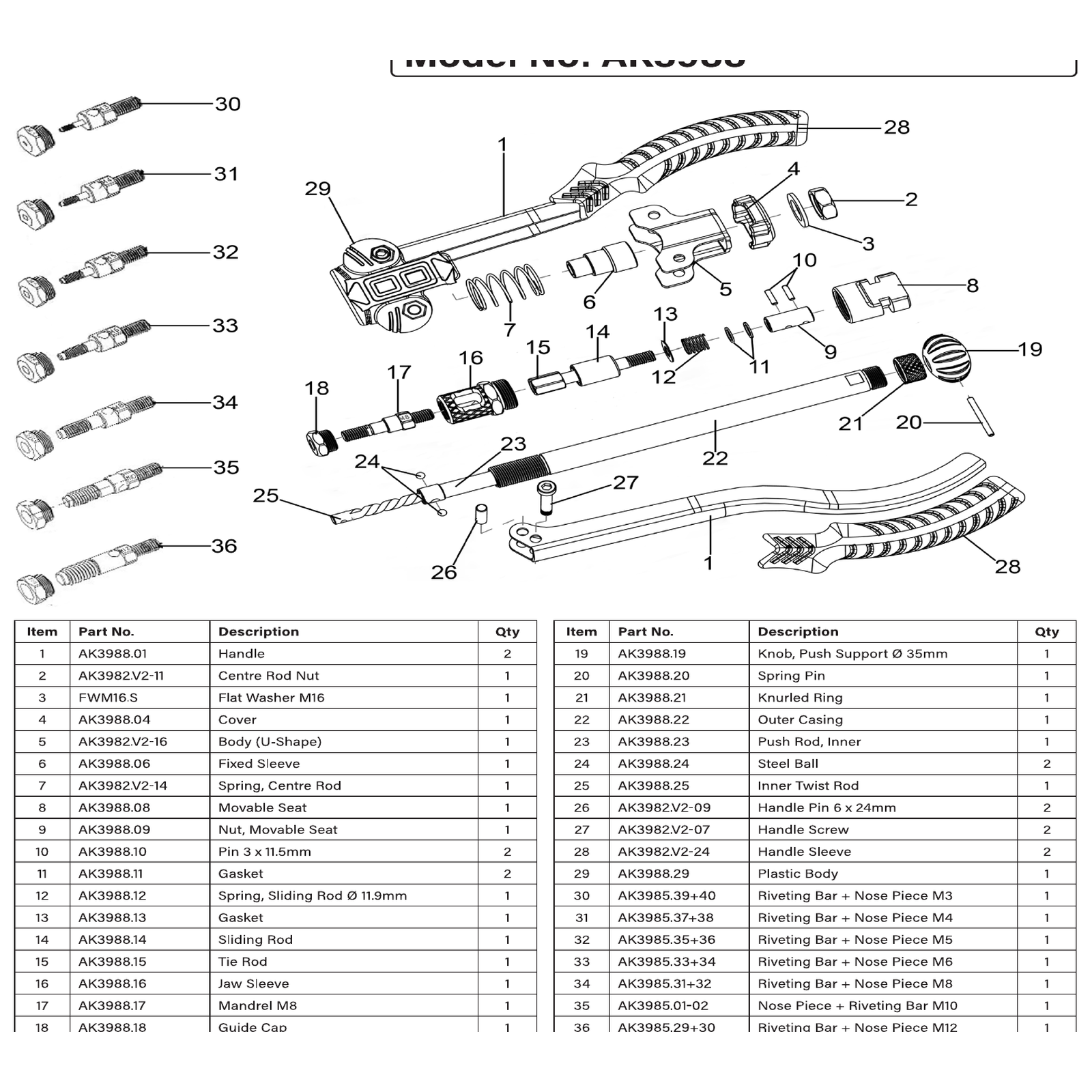 Exploded diagram for the Sealey Medium-Arm Quick Release Threaded Nut Riveter (AK3988)