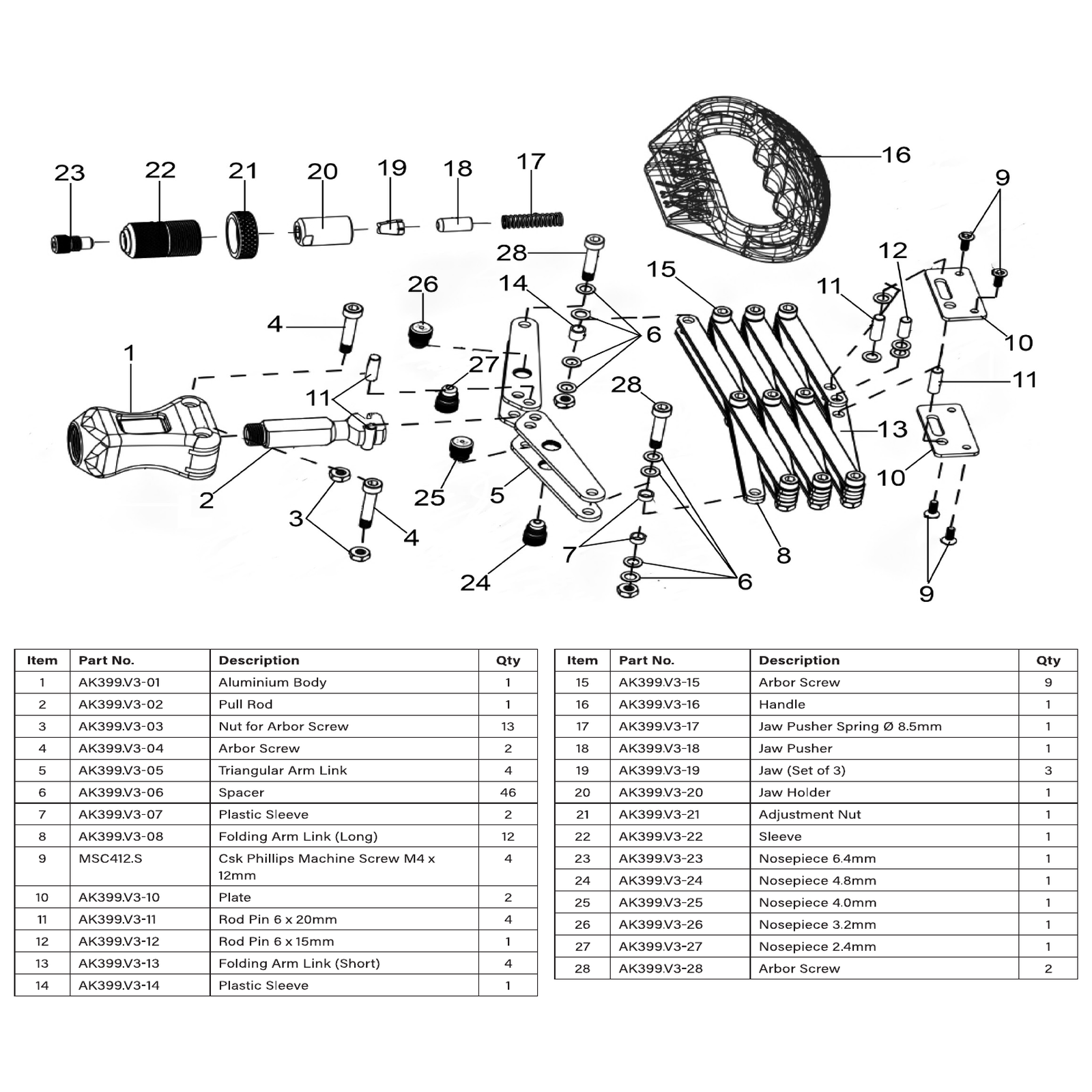 Exploded diagram for the Sealey Lazy Tongs Riveter (AK399)