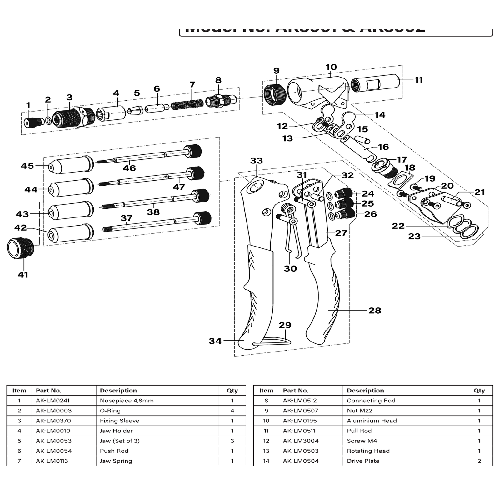 Exploded diagram for the Sealey 2-in-1 Riveter Swivel Head