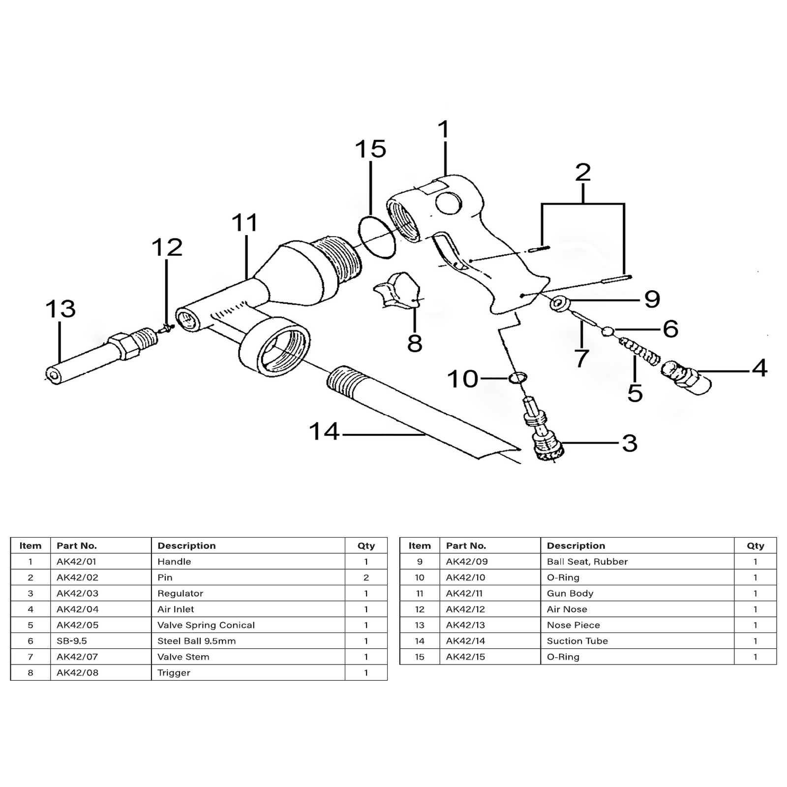 Exploded diagram for the Sealey Air Operated Underbody Coating Gun (AK42)
