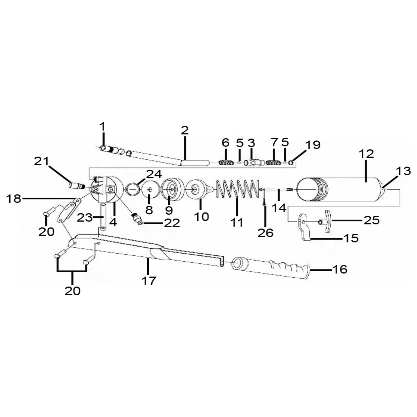 Exploded diagram for the Sealey 3-Way Fill Manual Grease Gun (AK44)