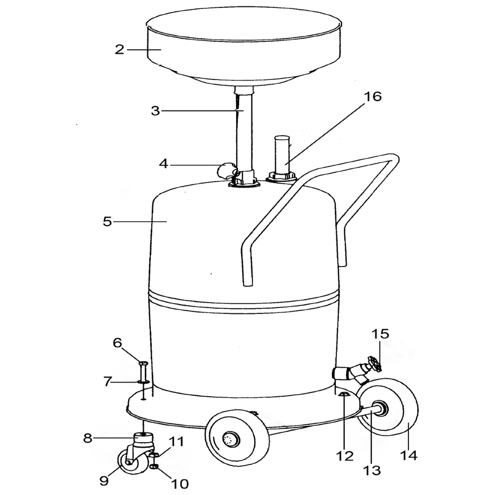 Exploded diagram for the Sealey Pump-Away Mobile Oil Drainer 75L