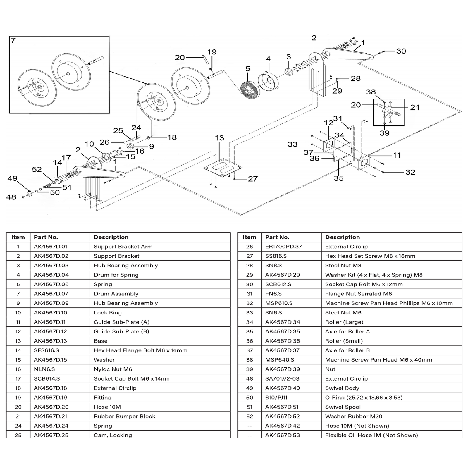 Exploded diagram for the Sealey Retractable Oil Hose Reel 10m (AK4567D)
