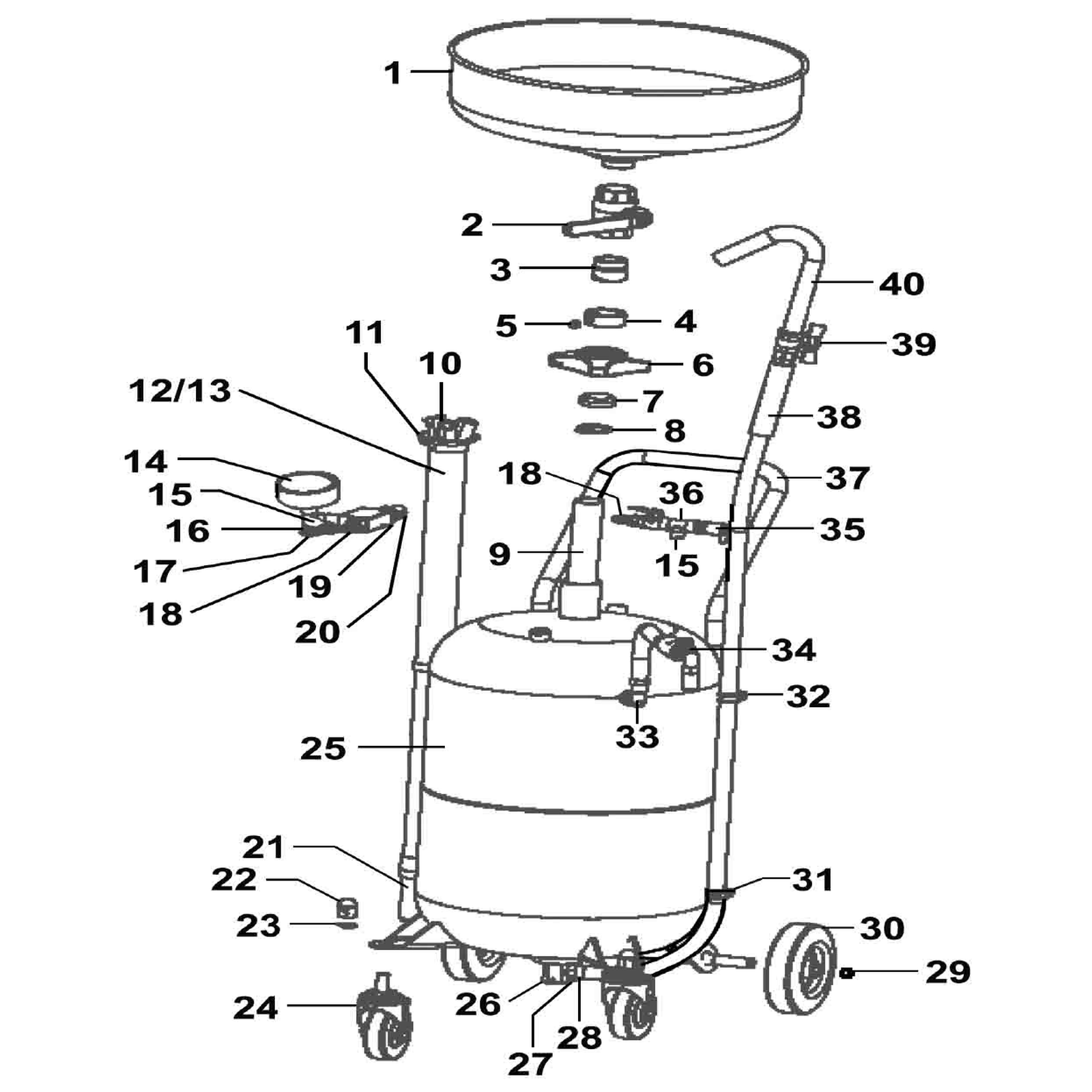 Exploded diagram for the Sealey Air Discharge Mobile Oil Drainer with Probes 35L (AK456DX)