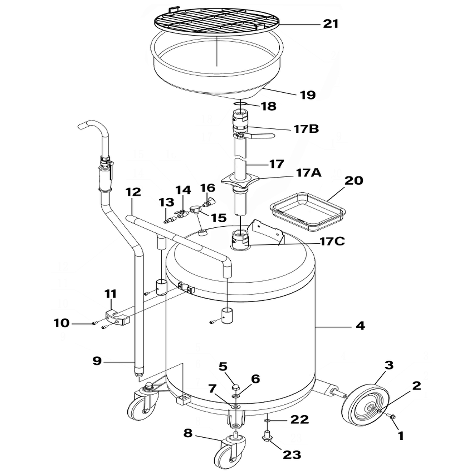 Exploded diagram for the Sealey Air Discharge Mobile Oil Drainer 110L (AK458DX)