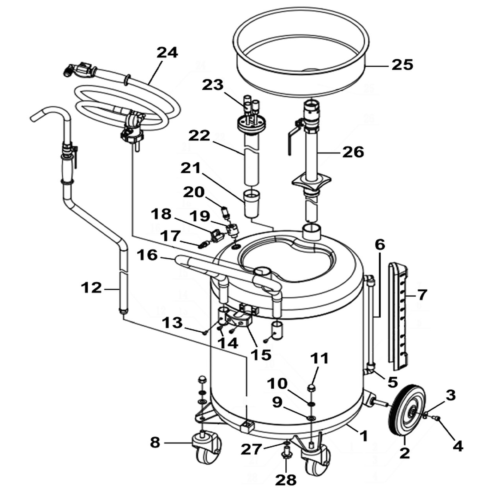 Exploded diagram for the Sealey Air Discharge Mobile Oil Drainer with Probes 90L (AK459DX)