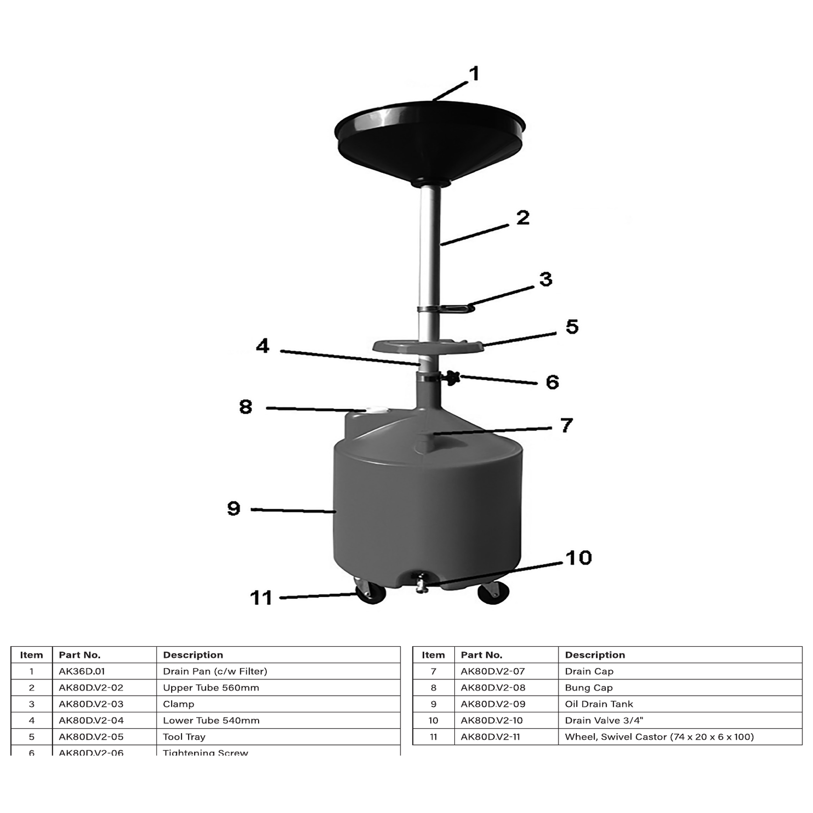 Exploded diagram for the Sealey Gravity Discharge Mobile Oil Drainer 80L (AK80D)