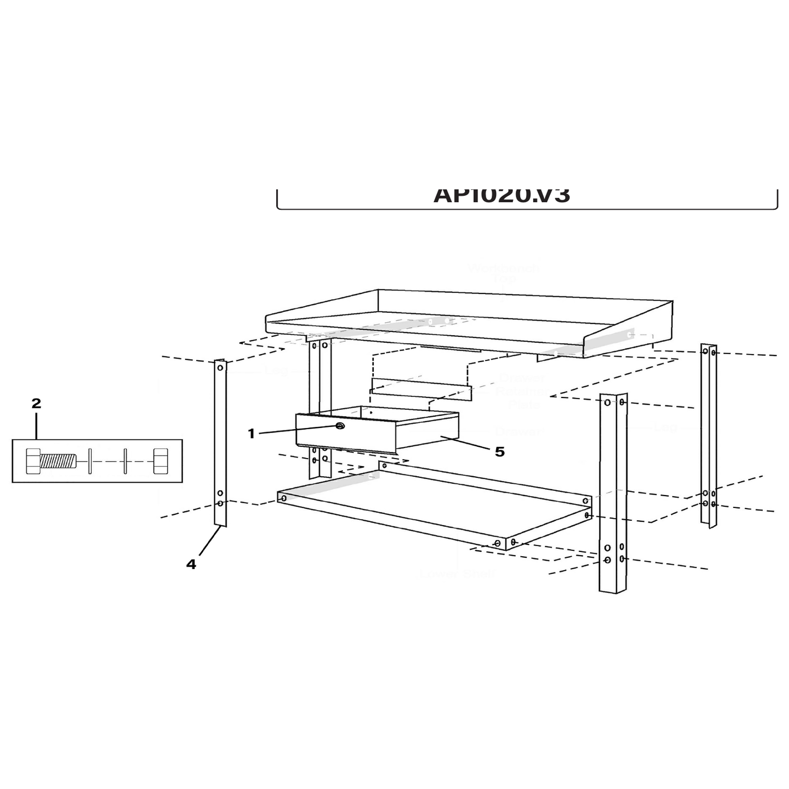 Exploded diagram for the Sealey Steel Workbench with Drawer 1.5m (AP1010)