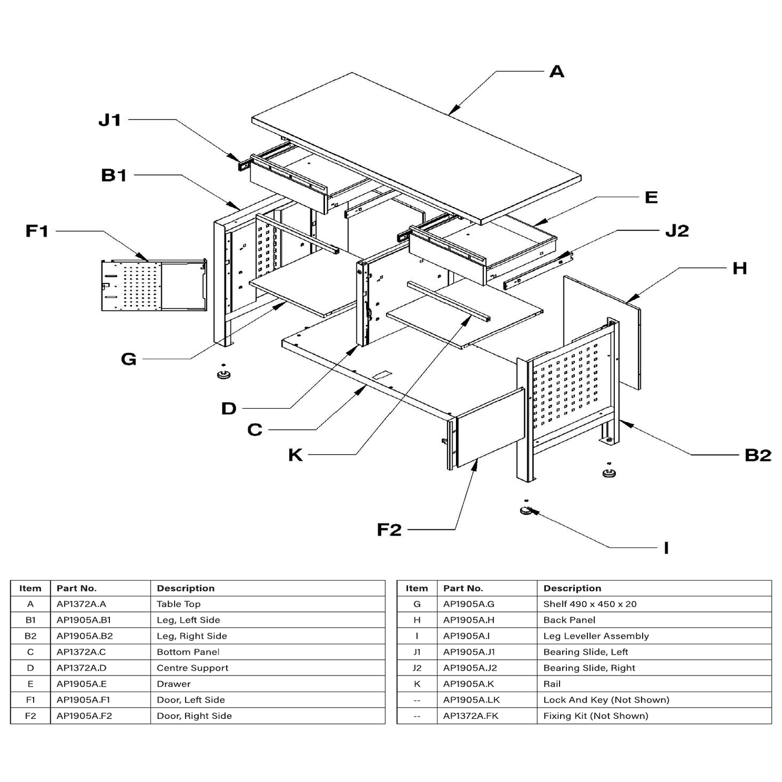 Exploded diagram for the Sealey Workbench with 2 Drawers & 2 Cupboards (AP1905A)