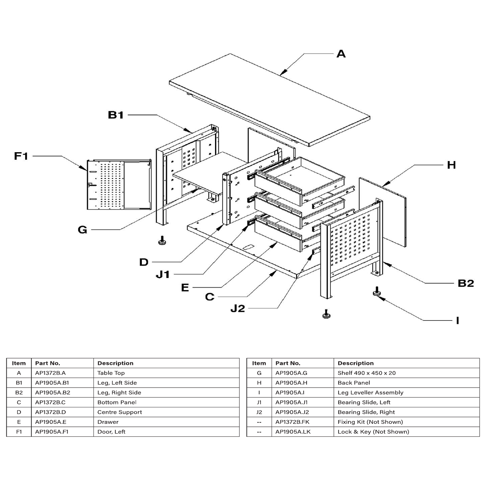 Exploded diagram for the Sealey Workbench with 3 Drawers & Cupboard (AP1905A)
