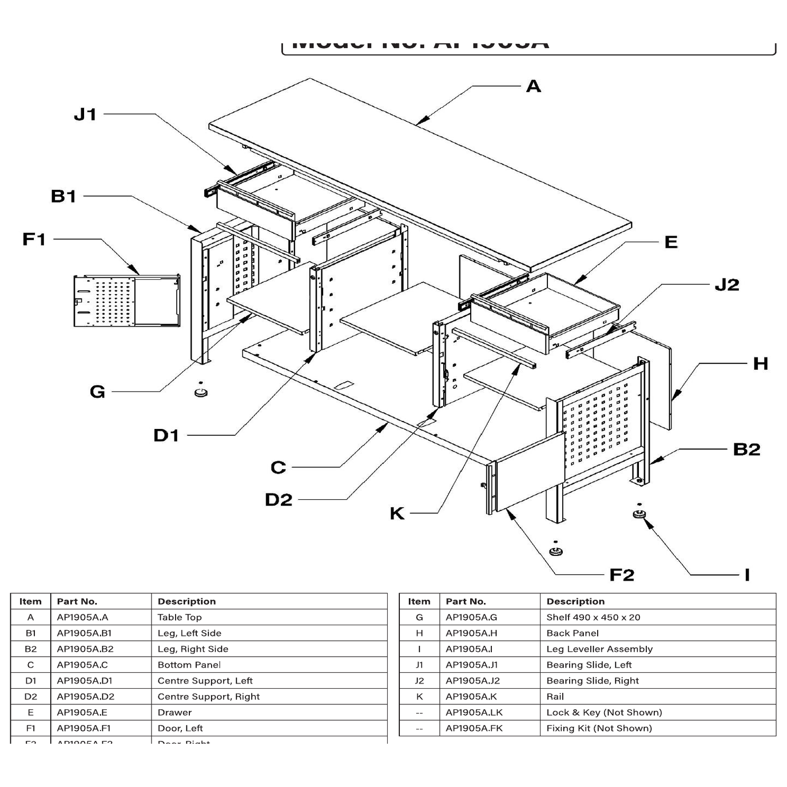 Exploded diagram for the Sealey Workbench with 2 Drawers, 2 Cupboards & Open Storage (AP1905A)