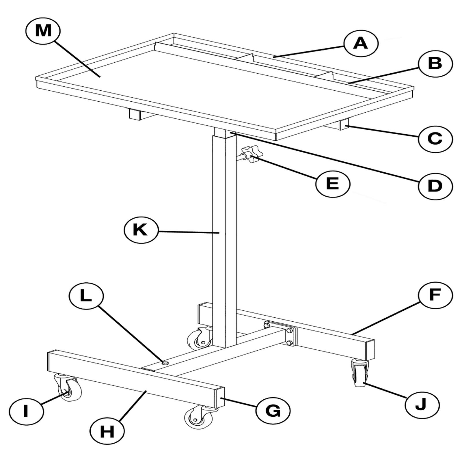 Exploded diagram for the Sealey Adjustable-Height Mobile Workstation 50kg Capacity (AP200)