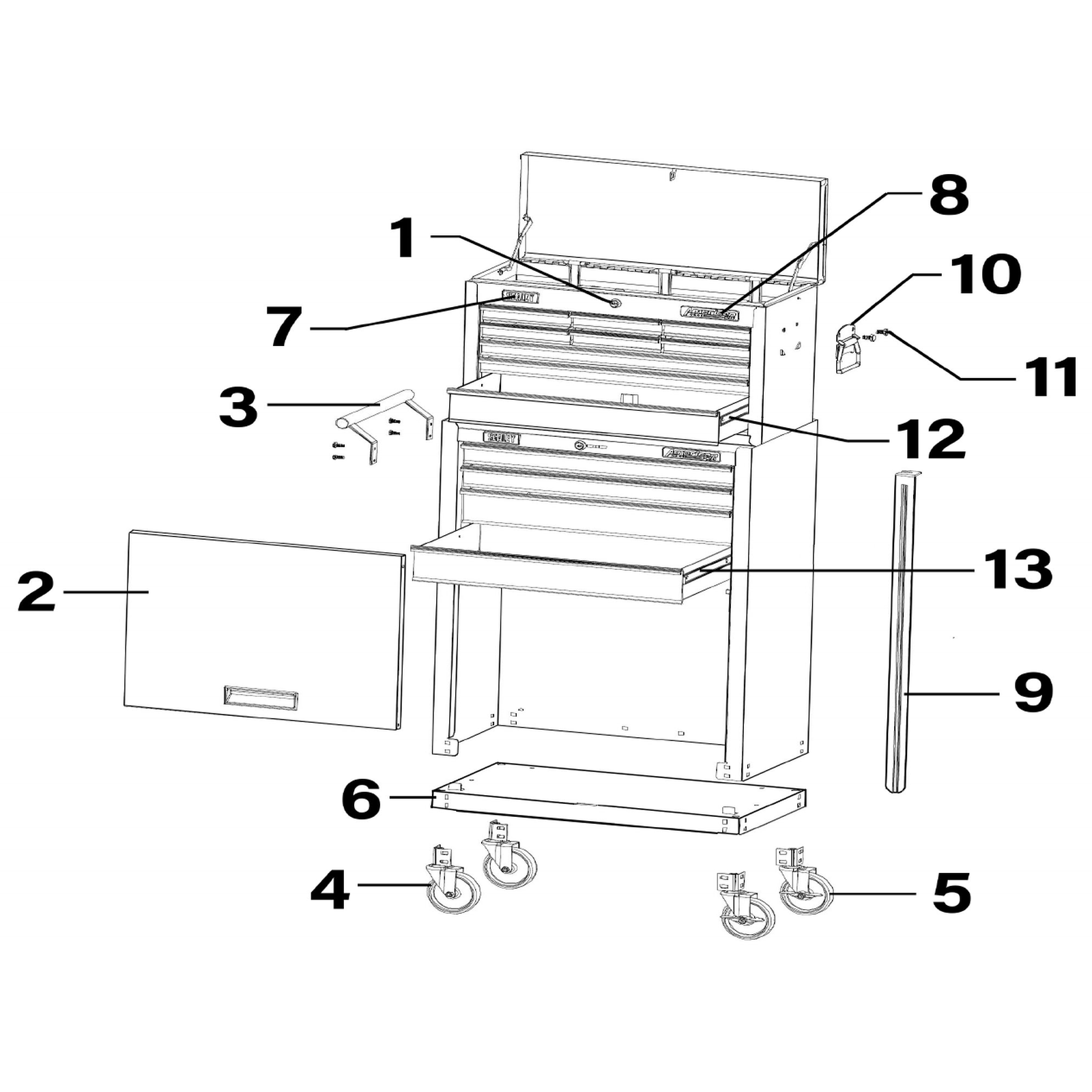 Exploded diagram for the American PRO® Topchest & Rollcab Combination 13 Drawer - Red/Grey