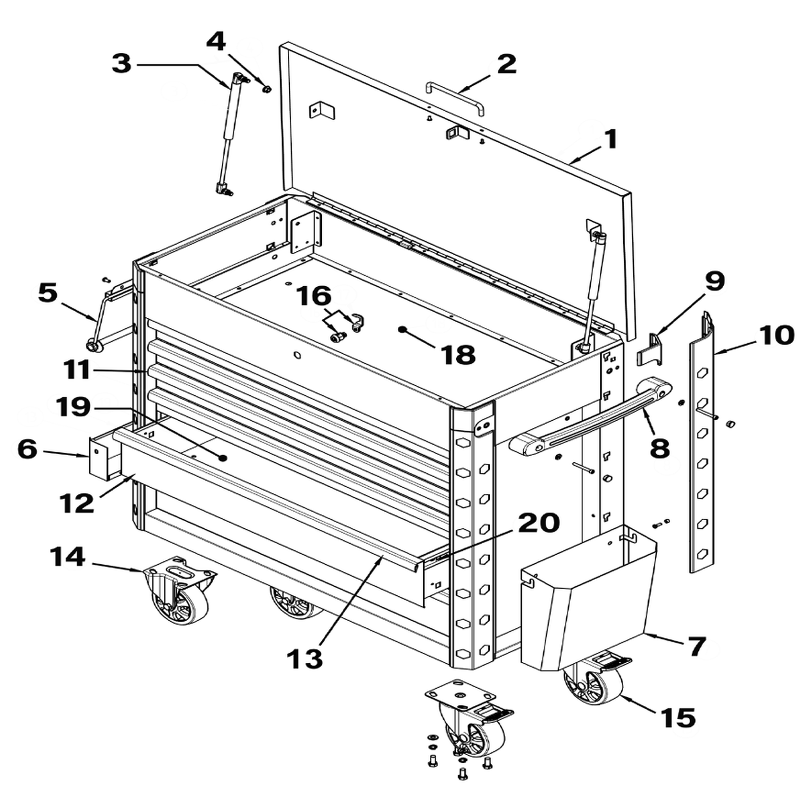 Exploded diagram for the Sealey Superline Pro® Tool Trolley 6 Drawer - Green (AP366G)