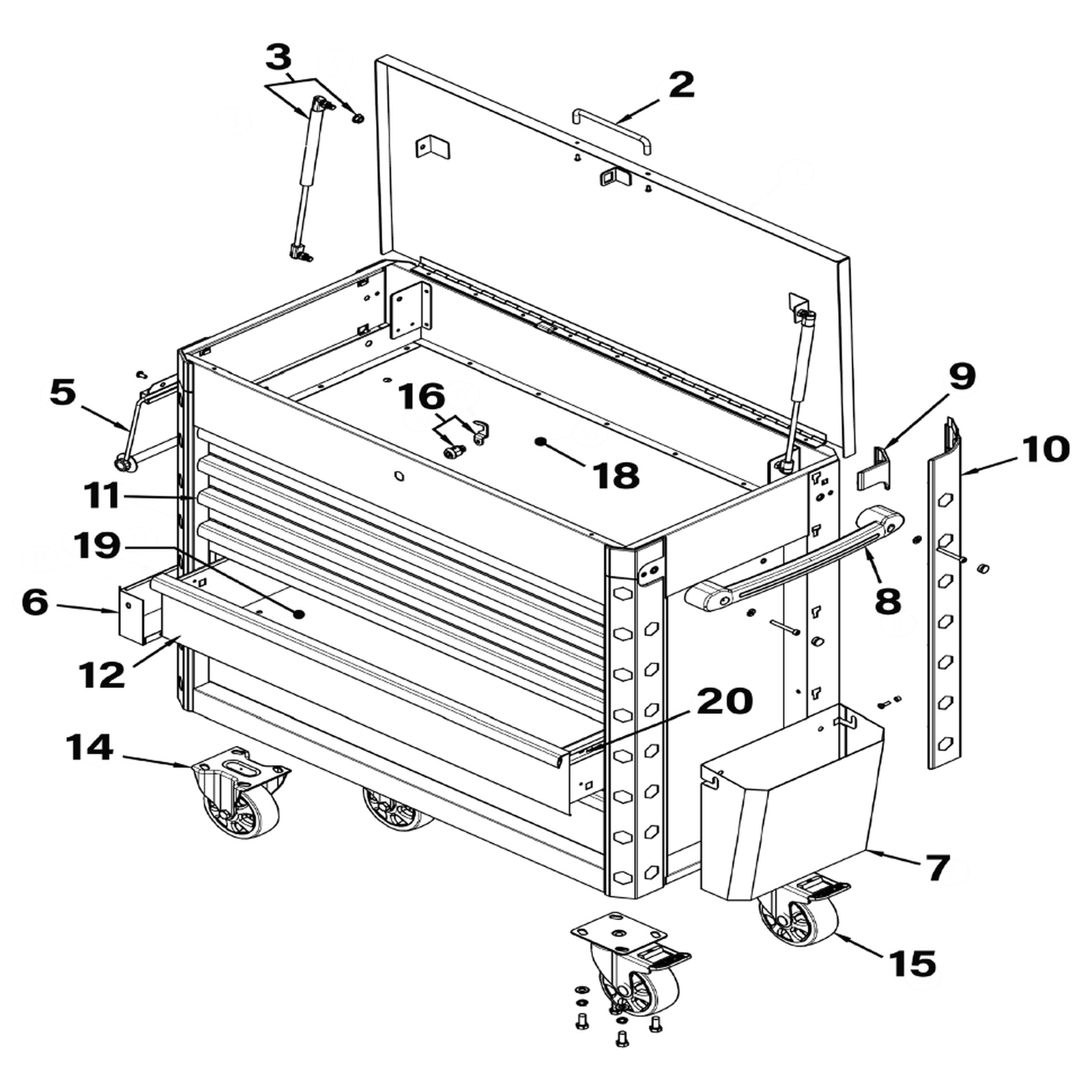 Exploded diagram for the Superline Pro Tool Trolley 6 Drawer - Green (AP366G)