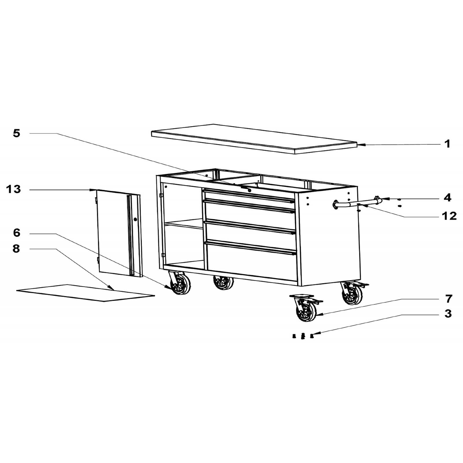 Exploded diagram for the Sealey Premier Mobile Stainless Steel Tool Cabinet 4 Drawer (AP4804SS)