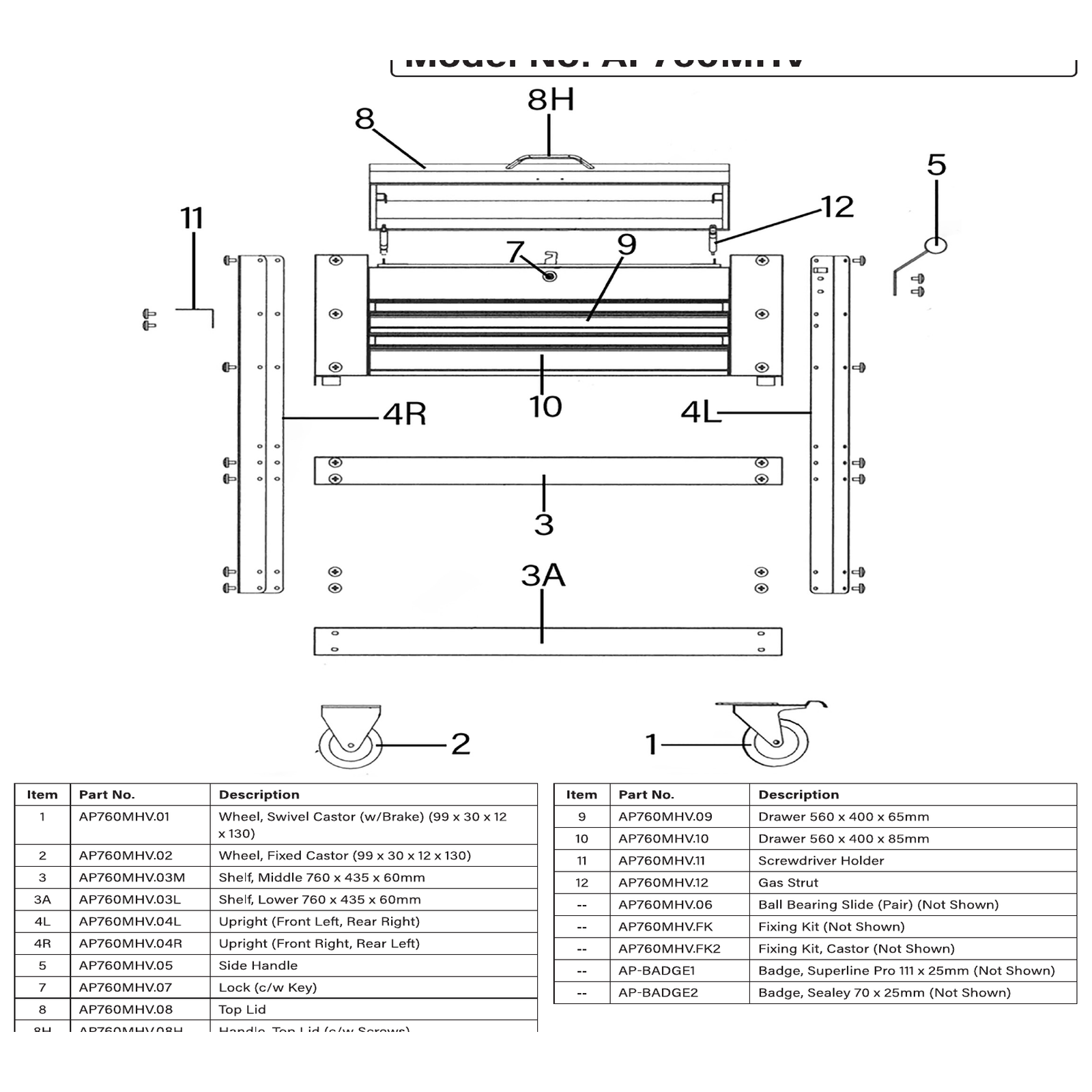Exploded diagram for the Superline PRO® Heavy-Duty Mobile Tool & Parts Trolley with Lockable Top & 2 Drawers - Green (AP760MHV)