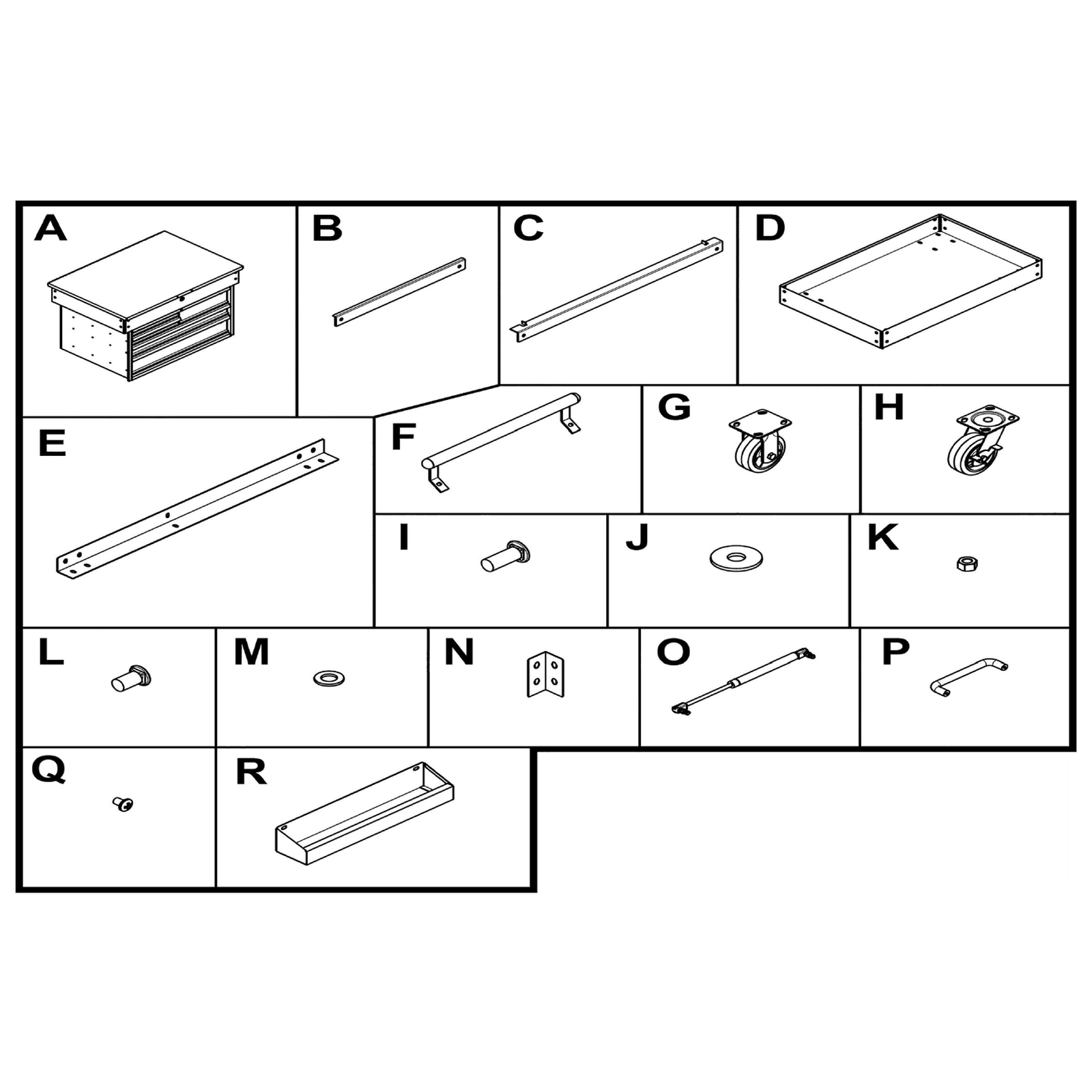 Exploded diagram for the Superline PRO® Heavy-Duty Mobile Tool & Parts Trolley with 5 Drawers & Lockable Top (AP890M)