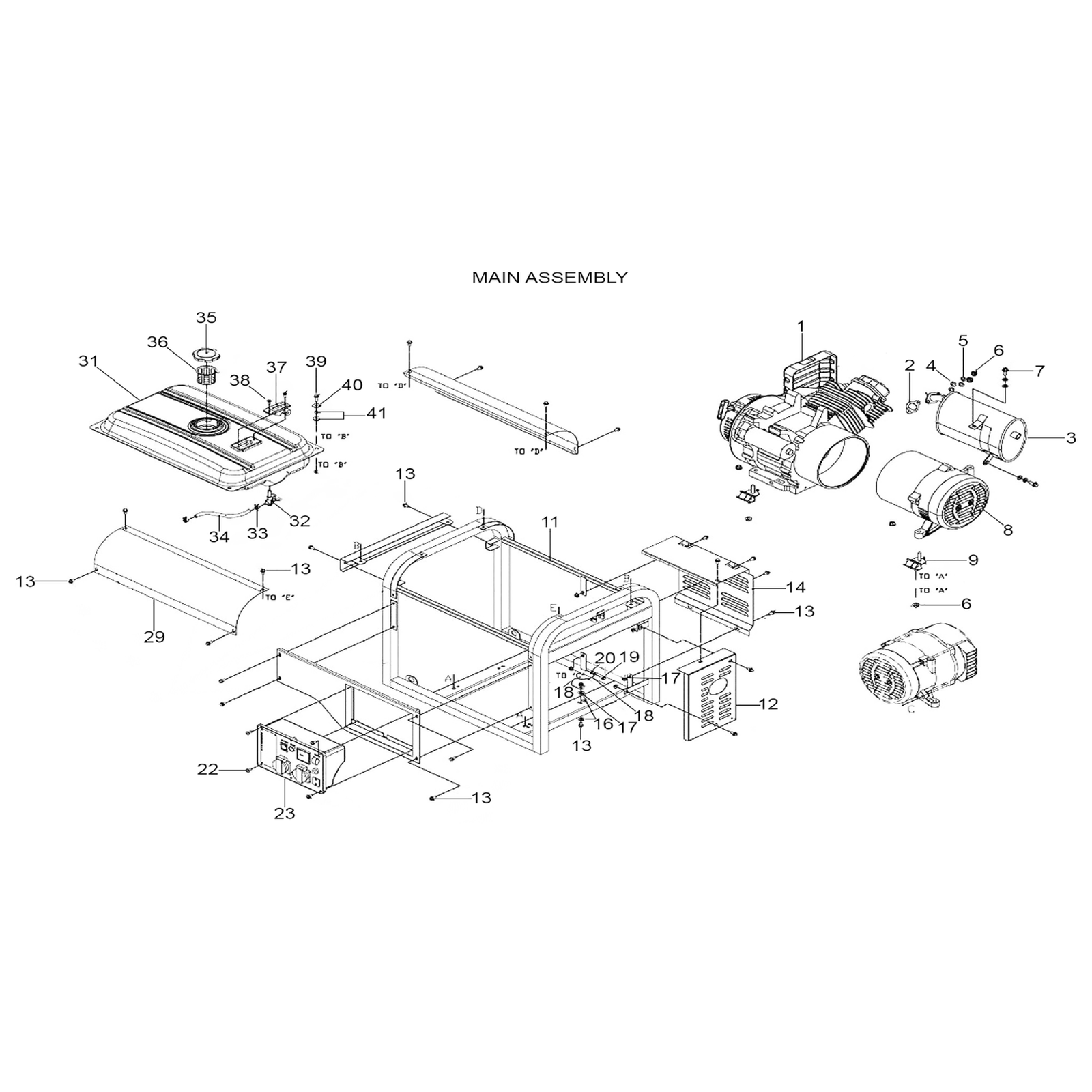 Exploded diagram for the Sealey 6000W Generator 13hp 4-Stroke Engine 110/230V (GG7500)