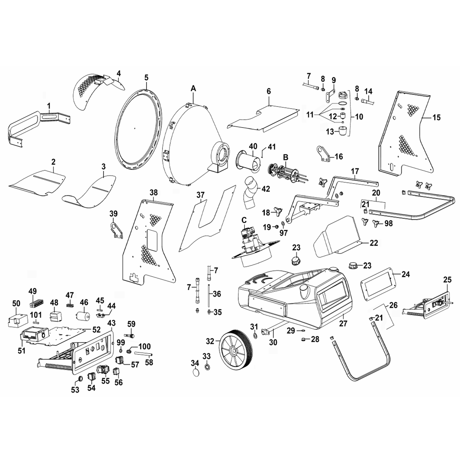 Exploded diagram for the Sealey Infrared Paraffin/Kerosene/Diesel Heater 155,252Btu/hr (IR55)