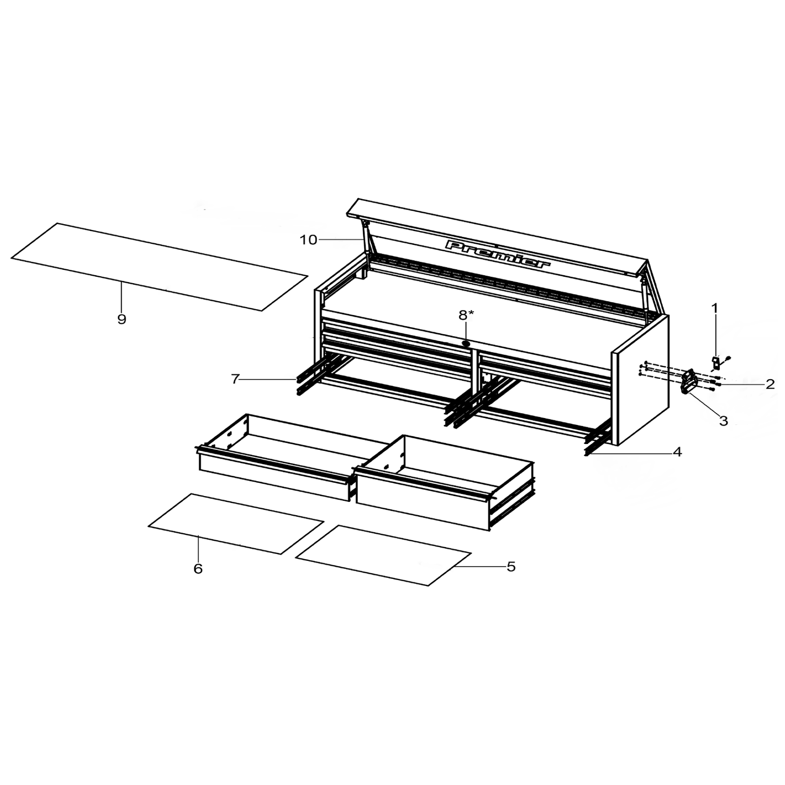 Exploded diagram for the Sealey Premier™ Heavy-Duty Extra-Wide Topchest 7 Drawer 1415mm - Black (PTB)