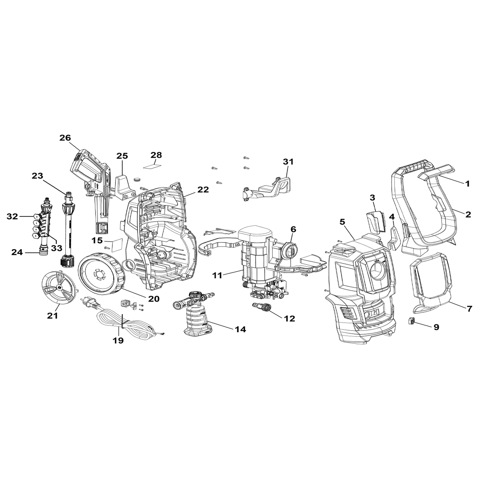 Exploded diagram for the Sealey Pressure Washer with TSS & Rotablast® Nozzle 130bar 1600W/230V (PW1860)